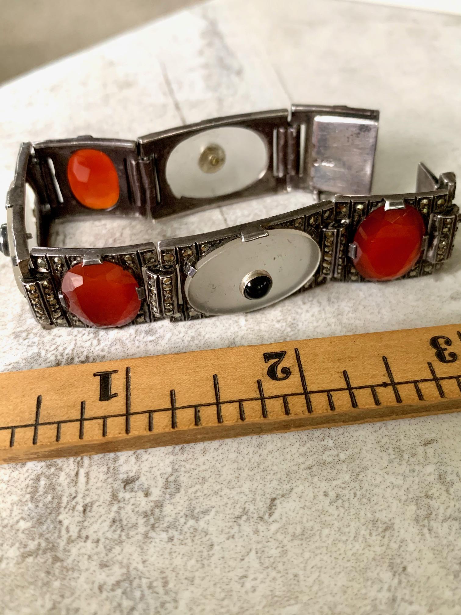 Art Deco Theodor Fahrner Rock Crystal, Black Onyx, Carnelian Marcasite Bracelet 3