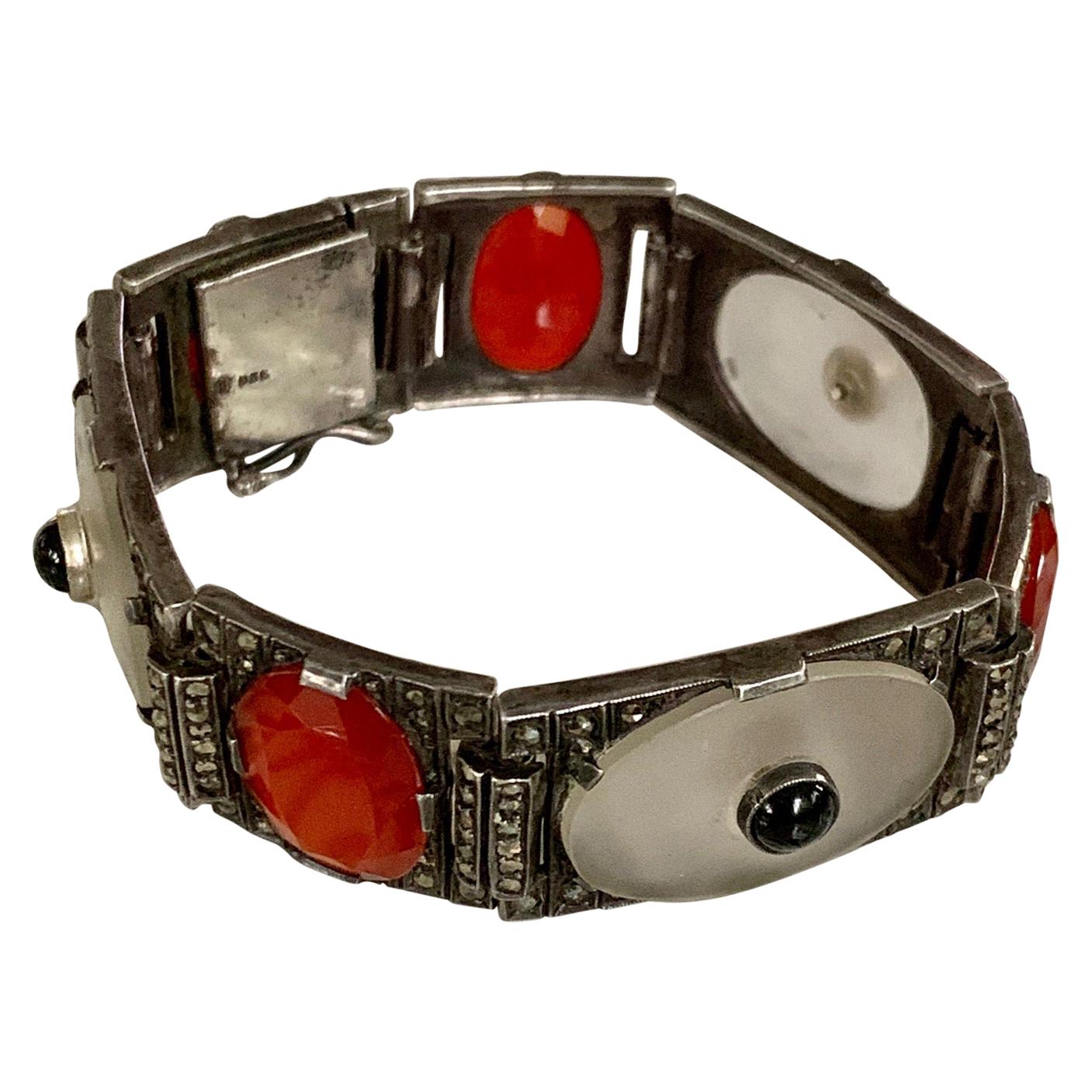 Art Deco Theodor Fahrner Rock Crystal, Black Onyx, Carnelian Marcasite Bracelet