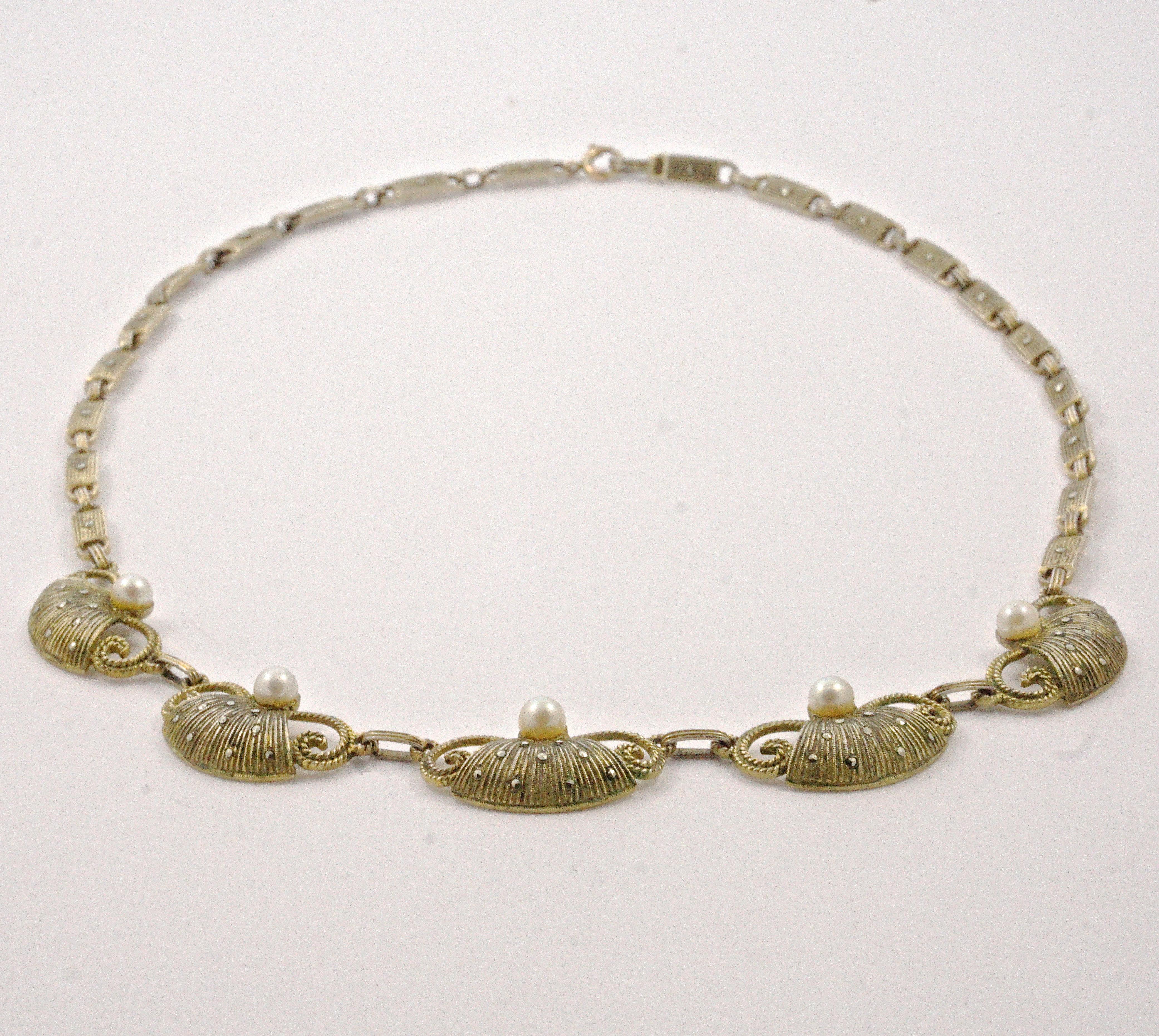 Art Deco Theodor Fahrner Sterling Silver Gilt Marcasite Cultured Pearl Necklace For Sale 4