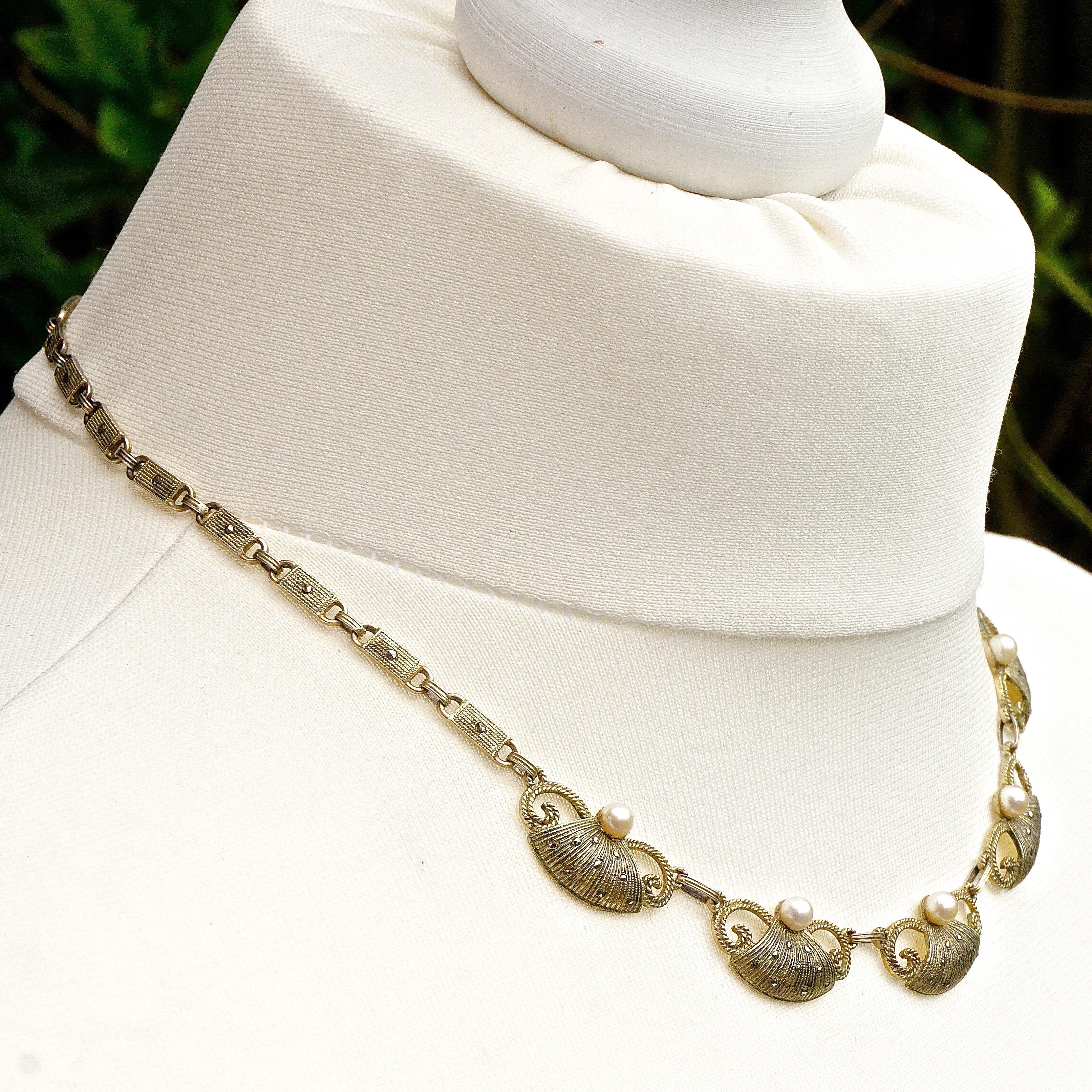 Art Deco Theodor Fahrner Sterling Silver Gilt Marcasite Cultured Pearl Necklace For Sale 1