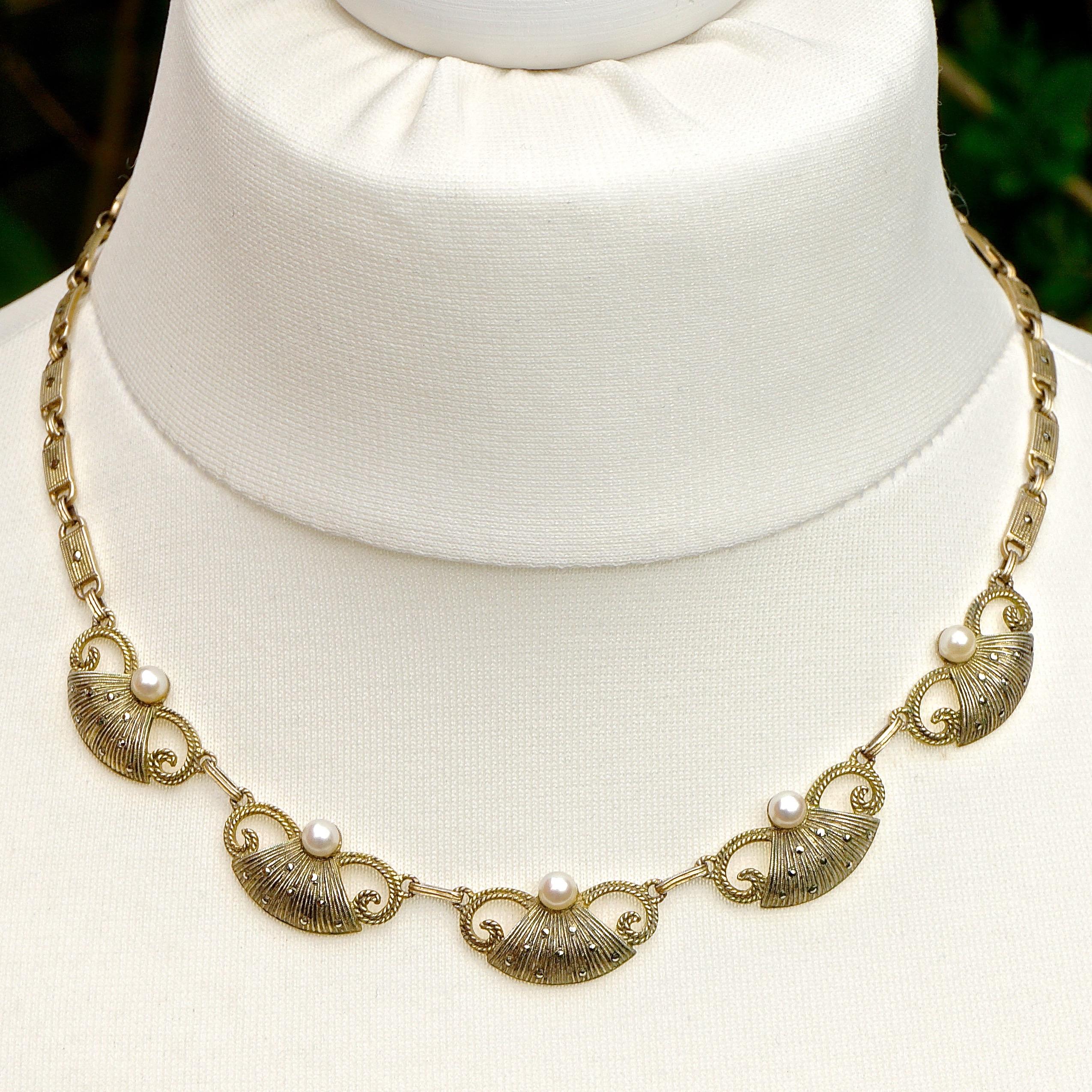 Art Deco Theodor Fahrner Sterling Silver Gilt Marcasite Cultured Pearl Necklace For Sale 2