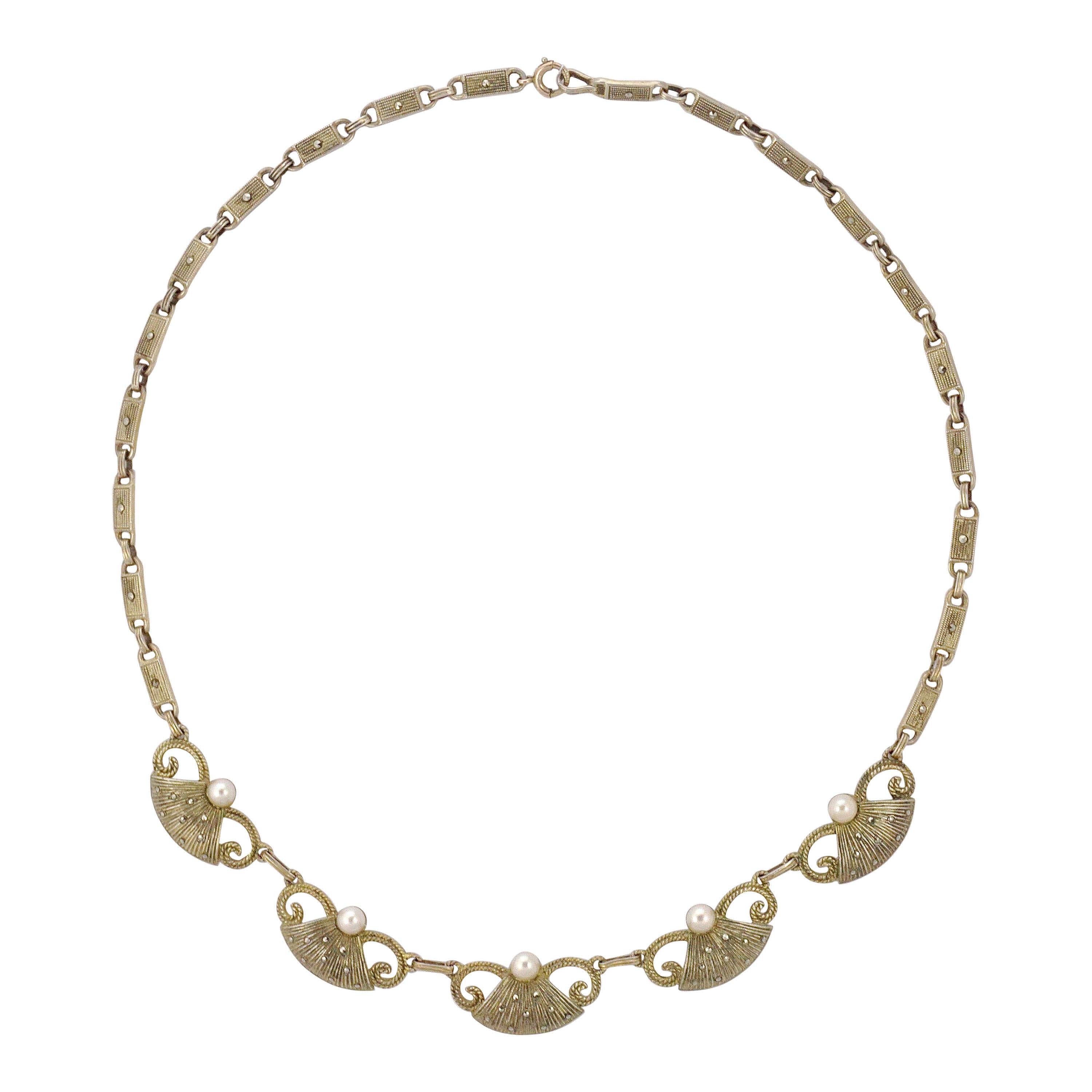 Art Deco Theodor Fahrner Sterling Silver Gilt Marcasite Cultured Pearl Necklace For Sale