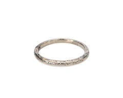 Art Deco Thin 18K White Gold Wedding or Stackable Band with Hand Etched Design