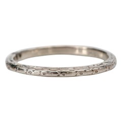 Antique Art Deco Thin 18K White Gold Wedding or Stackable Band with Hand Etched Design