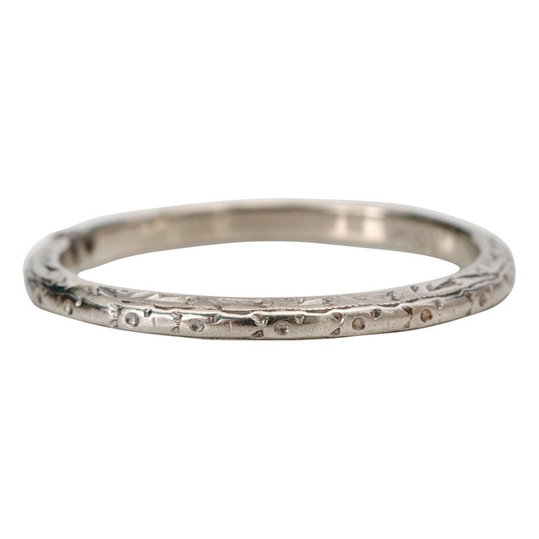 Art Deco Thin 18K White Gold Wedding or Stackable Band with Hand Etched ...