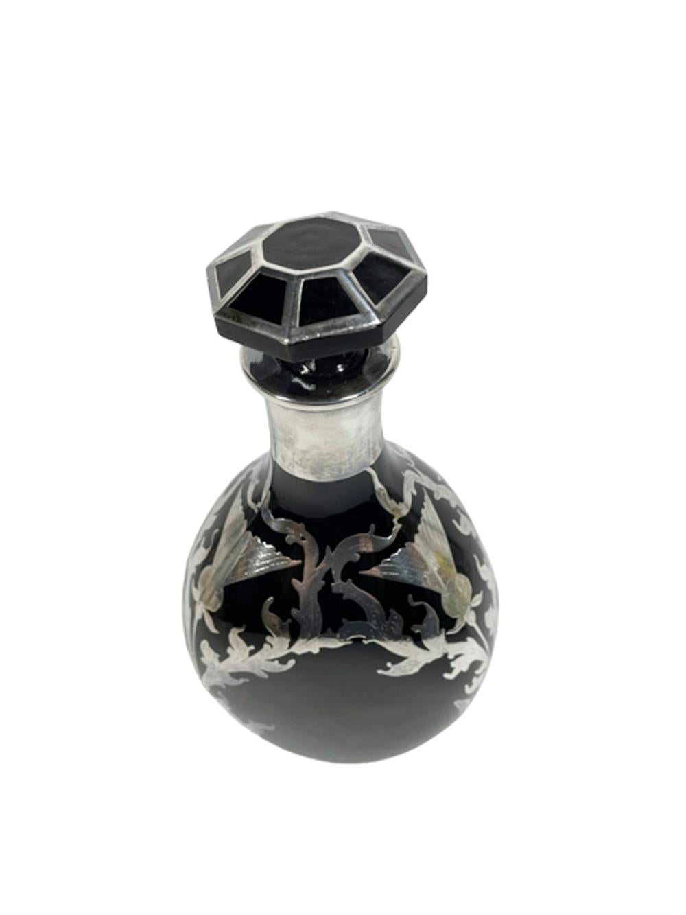 American Art Deco Thistle Pattern Silver Overlay on Onyx Glass Pinch Decanter For Sale
