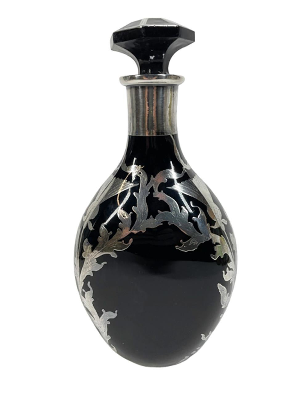 Art Deco Thistle Pattern Silver Overlay on Onyx Glass Pinch Decanter In Good Condition For Sale In Chapel Hill, NC