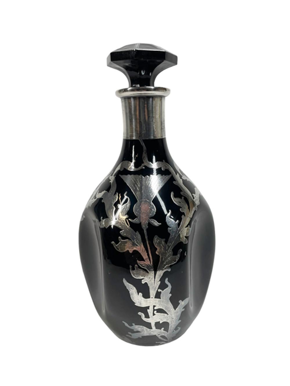 20th Century Art Deco Thistle Pattern Silver Overlay on Onyx Glass Pinch Decanter For Sale