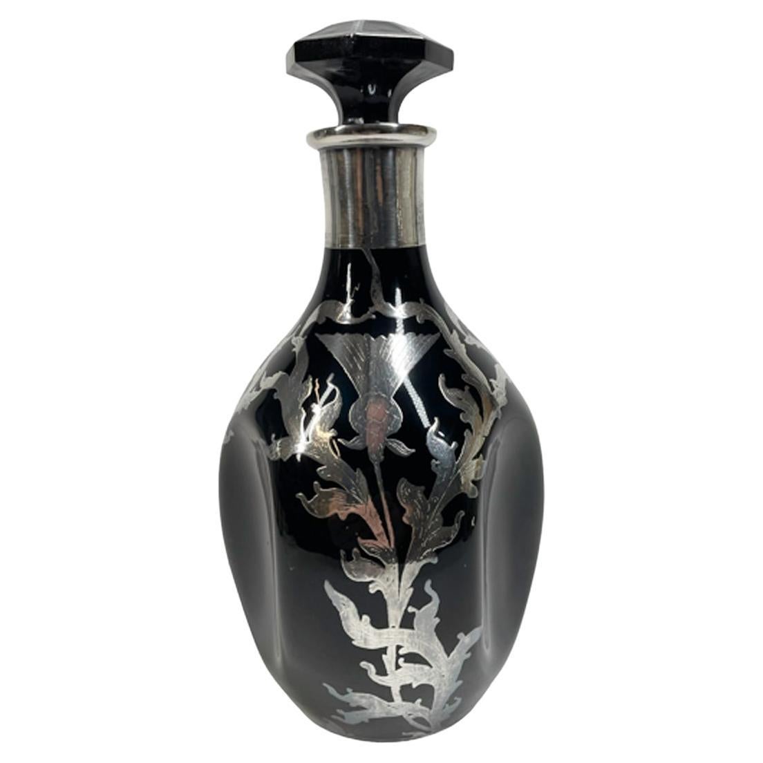 Art Deco Thistle Pattern Silver Overlay on Onyx Glass Pinch Decanter