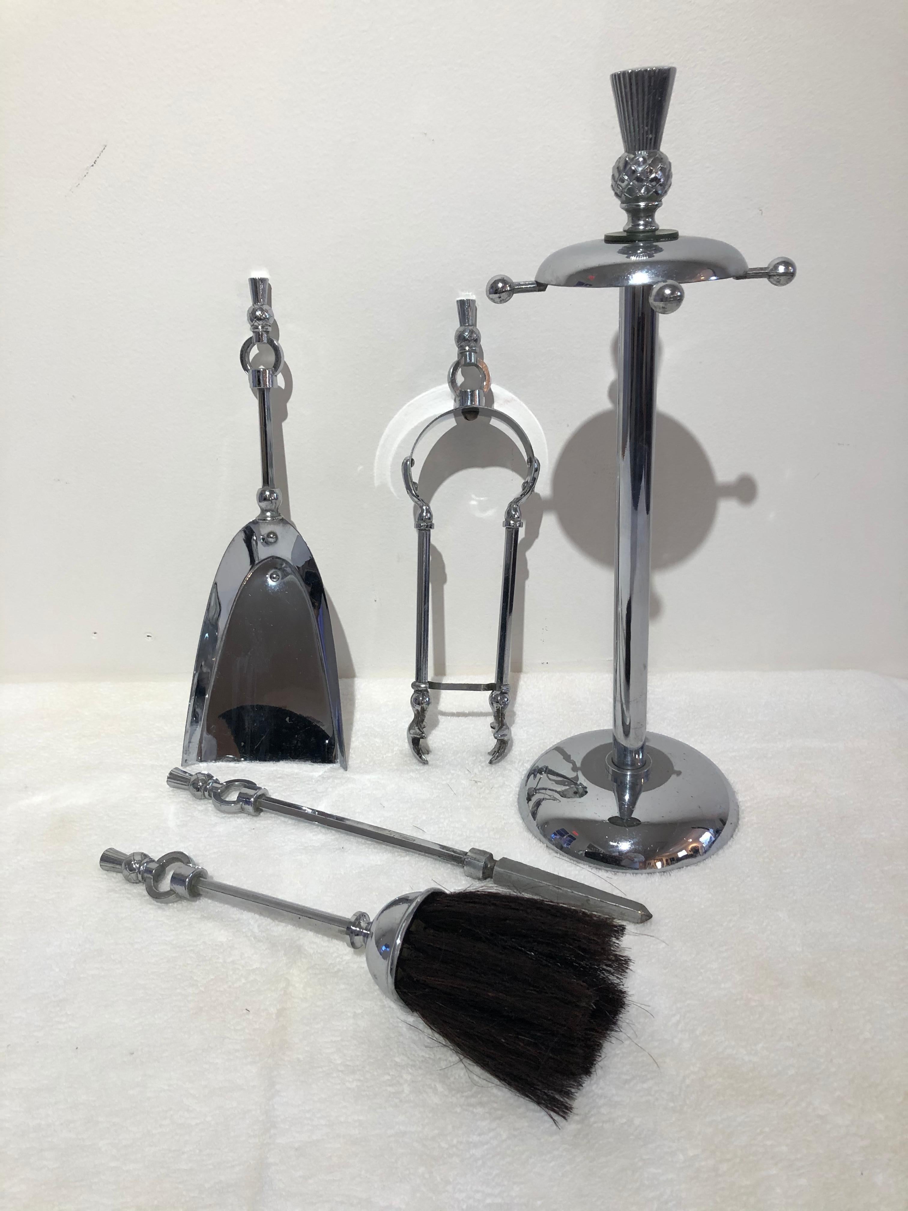 American Art Deco Thistle Top Chrome Petite Fireplace Tools Set For Sale