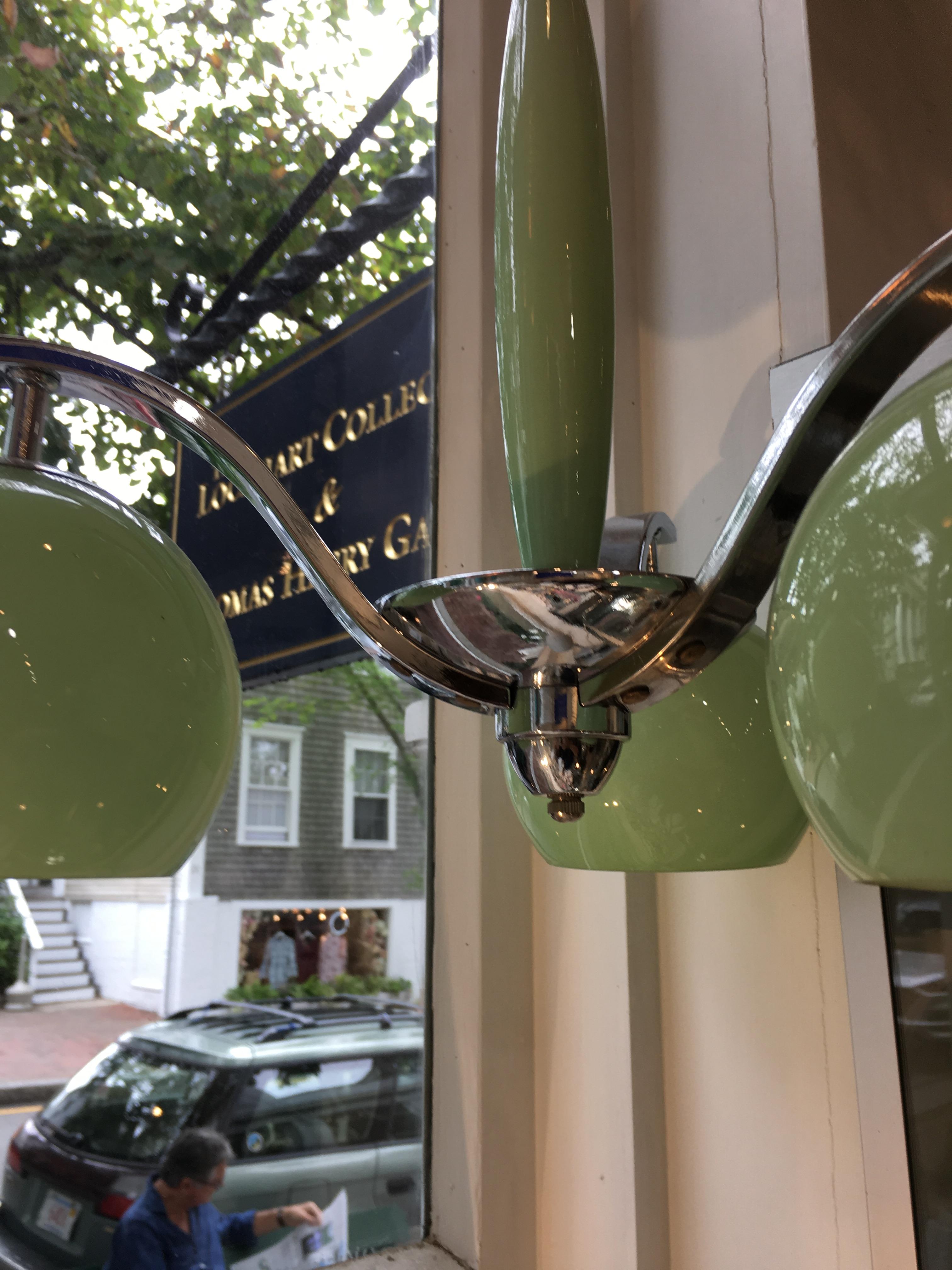 Art Deco Three-Arm Chrome and Glass Pendant Chandelier In Good Condition In Nantucket, MA