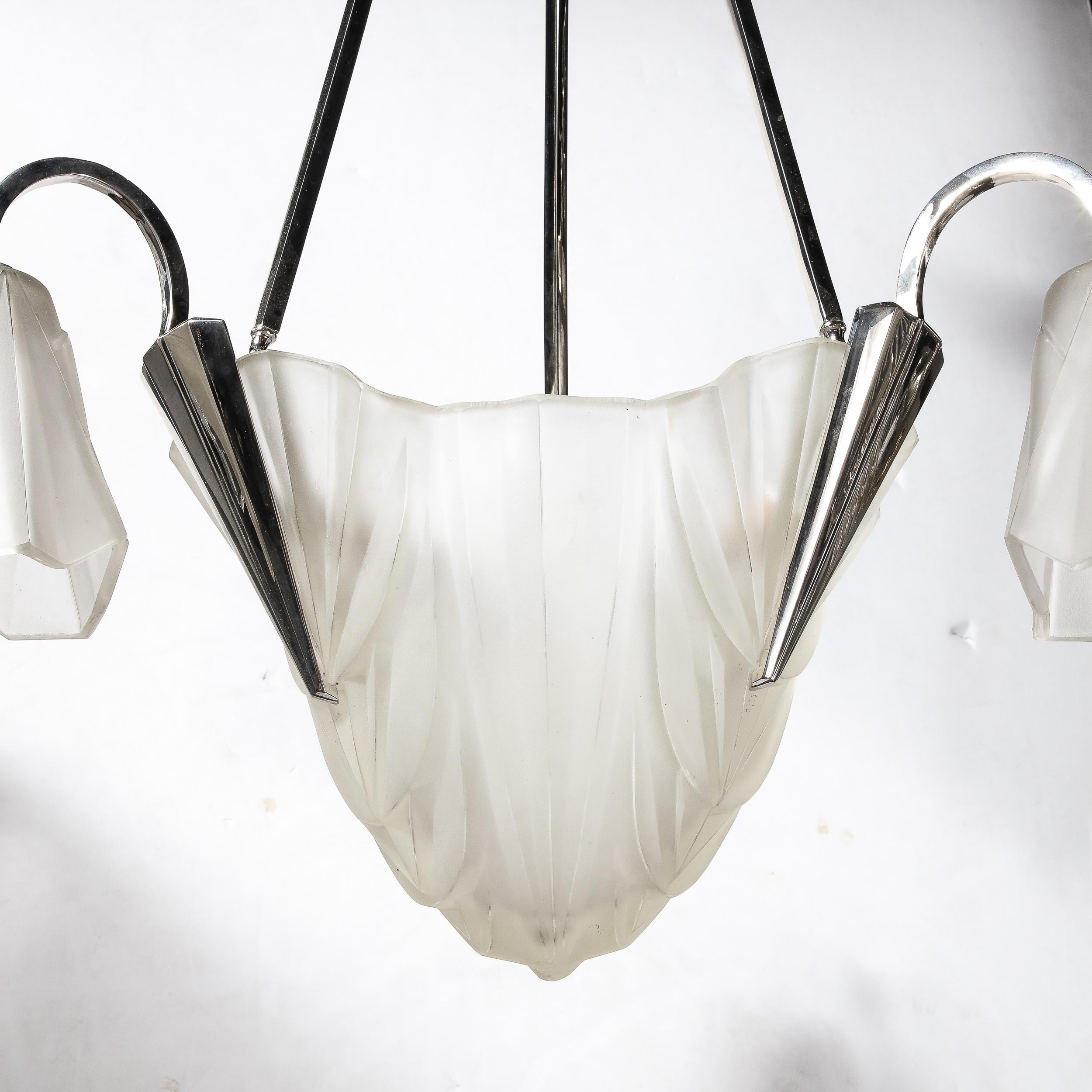 Art Deco Three Arm Skyscraper Frosted Glass & Nickel Chandelier signed Degué  For Sale 10