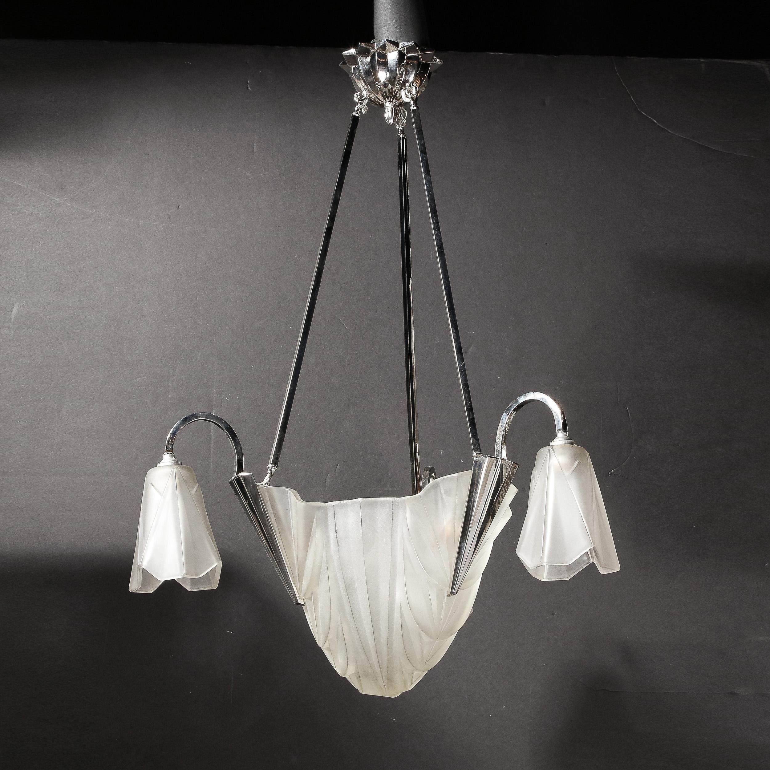 Art Deco Three Arm Skyscraper Frosted Glass & Nickel Chandelier signed Degué  In Excellent Condition In New York, NY