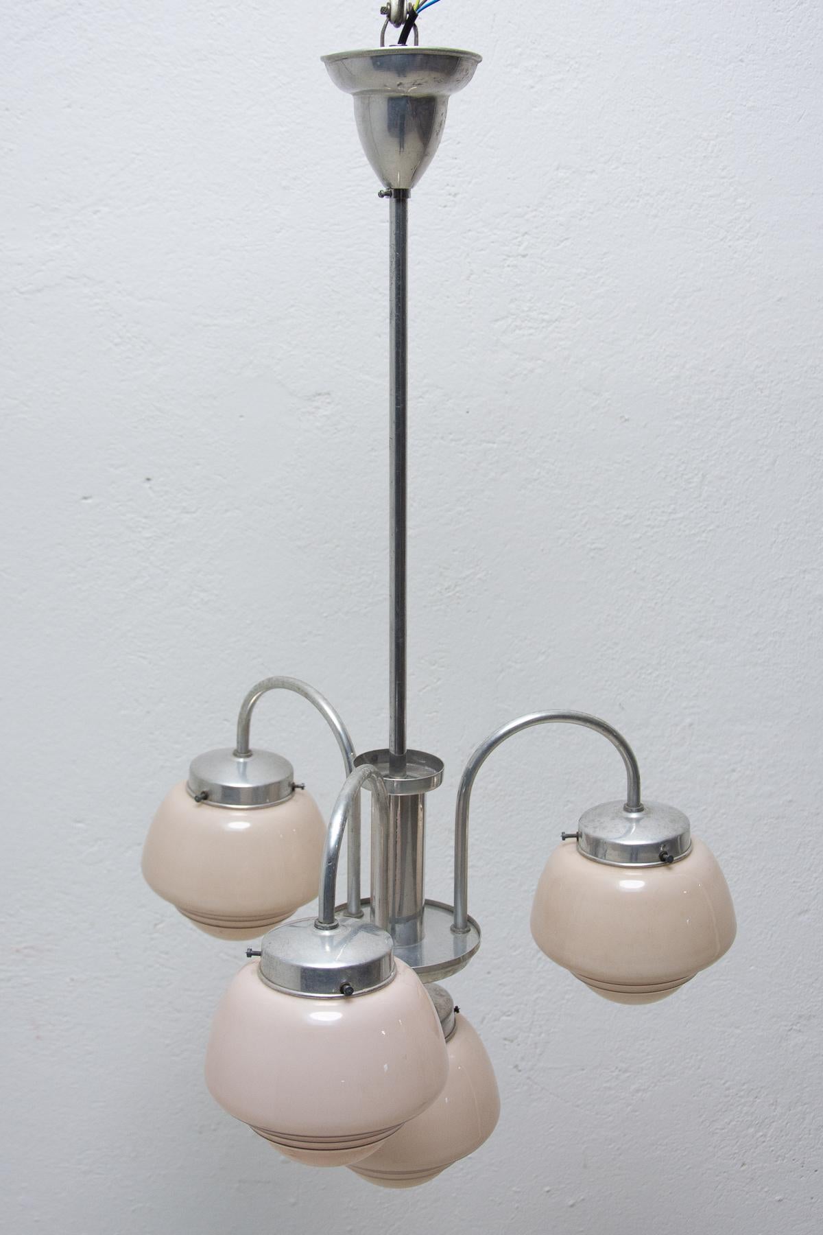 Plated Art Deco Three-Armed Chandelier, 1930's, Bohemia For Sale