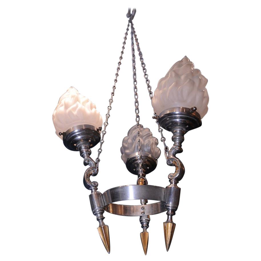 Art Deco Three Branch Chrome and Brass Gothic Electrolier, with Frosted Flame For Sale
