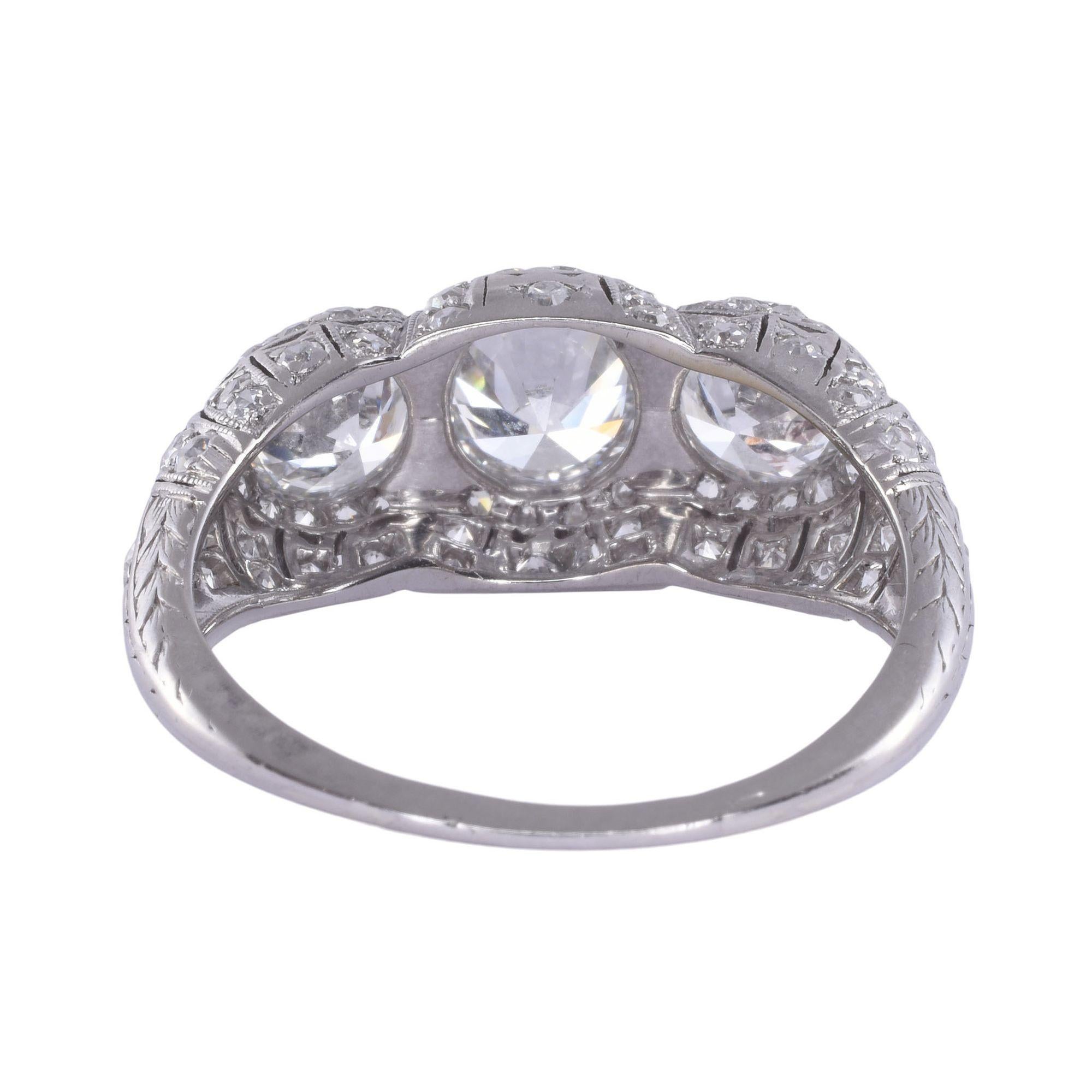 Round Cut Art Deco Three Center Diamond Platinum Ring For Sale