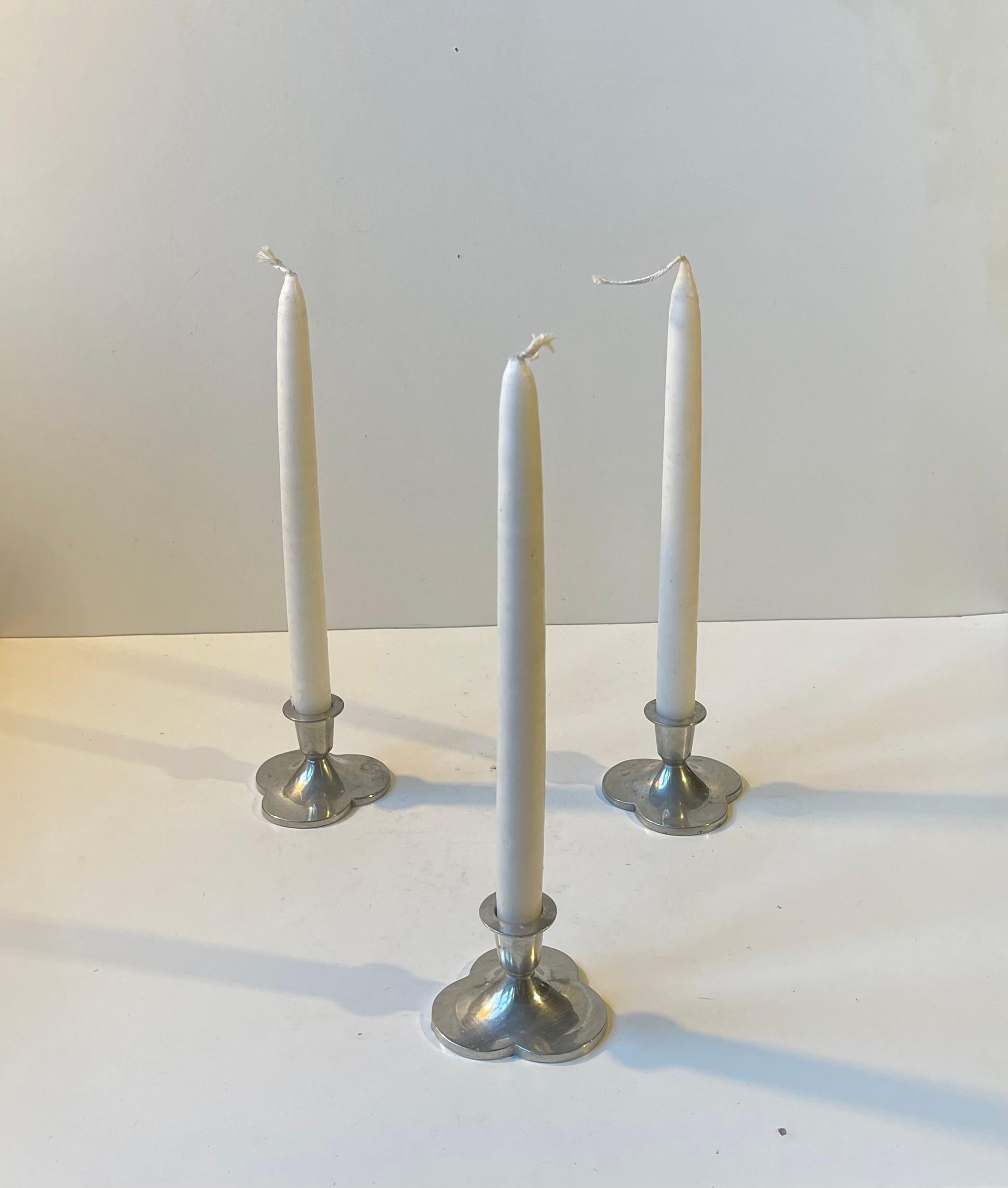 Danish Art Deco Three Clover Pewter Candlesticks by Just Andersen