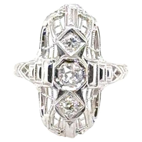 Art Deco Three Diamond 14 Karat White Gold Filigree Cocktail Ring