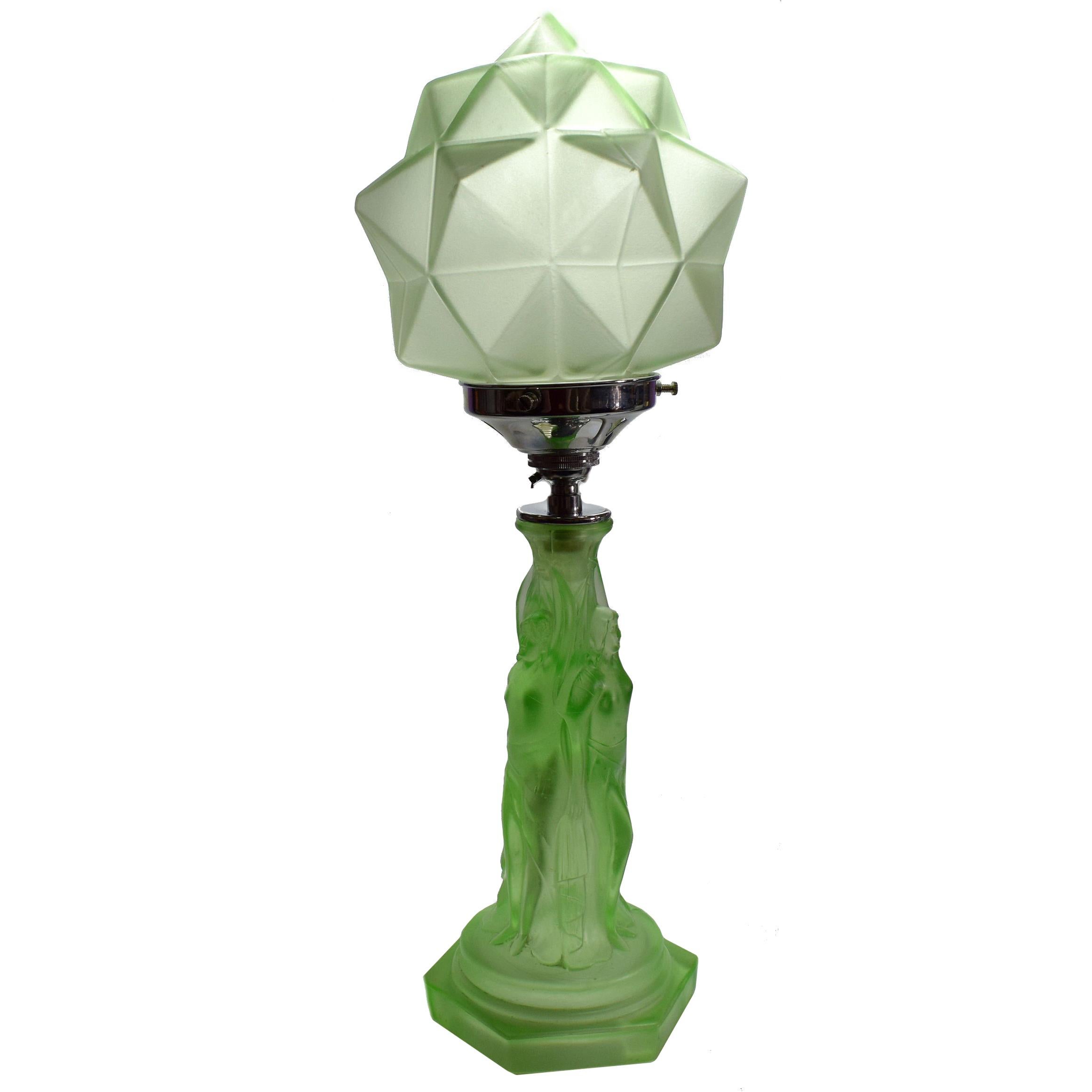 Art Deco Three Graces Uranium Glass Table Lamp