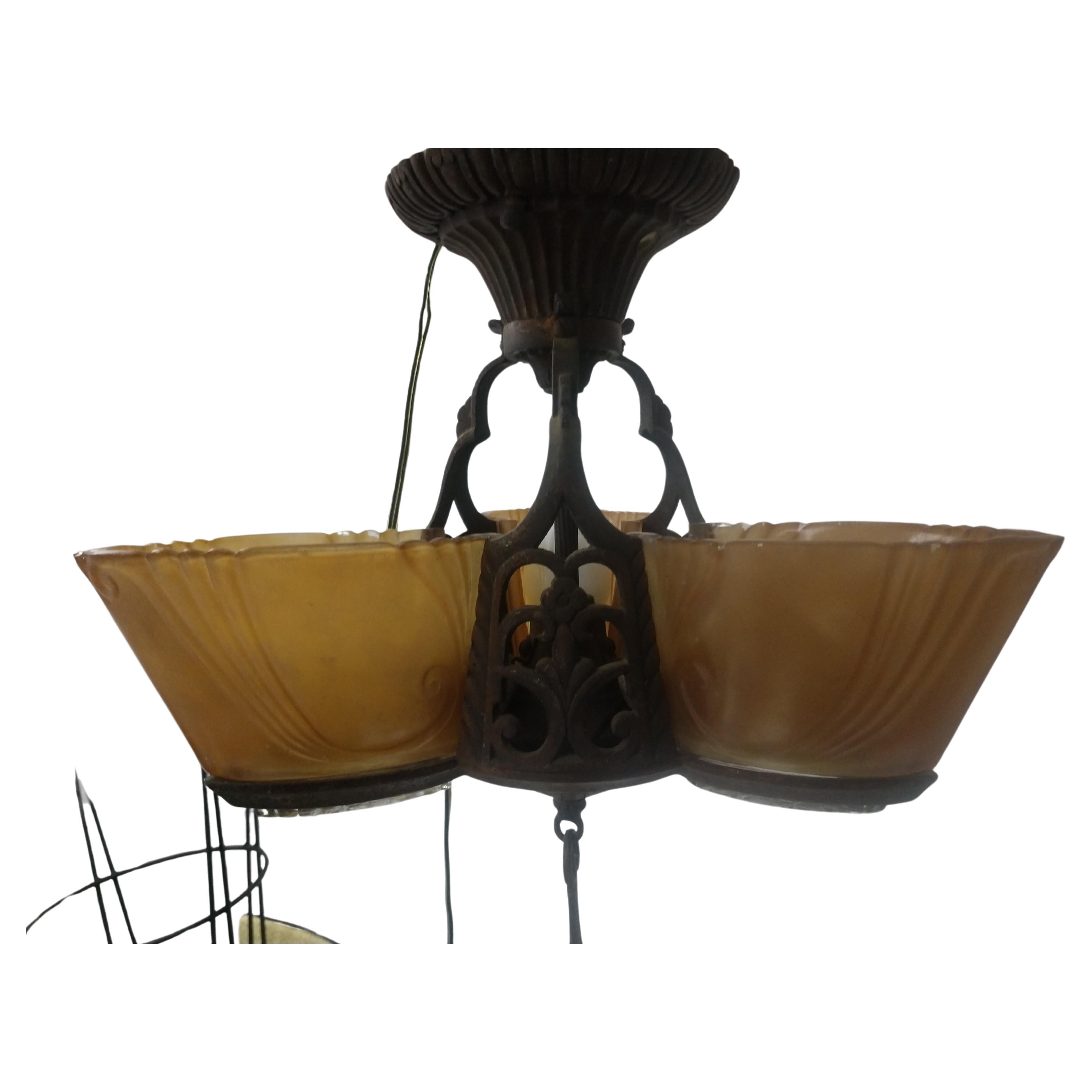 Early 20th Century Art Deco Three-Light Slip Shade Chandelier, circa 1928