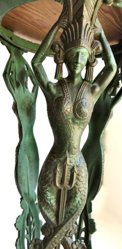 Art Deco Three Mermaid Figural Cast Metal Pedestal Table. American, Circa 1930