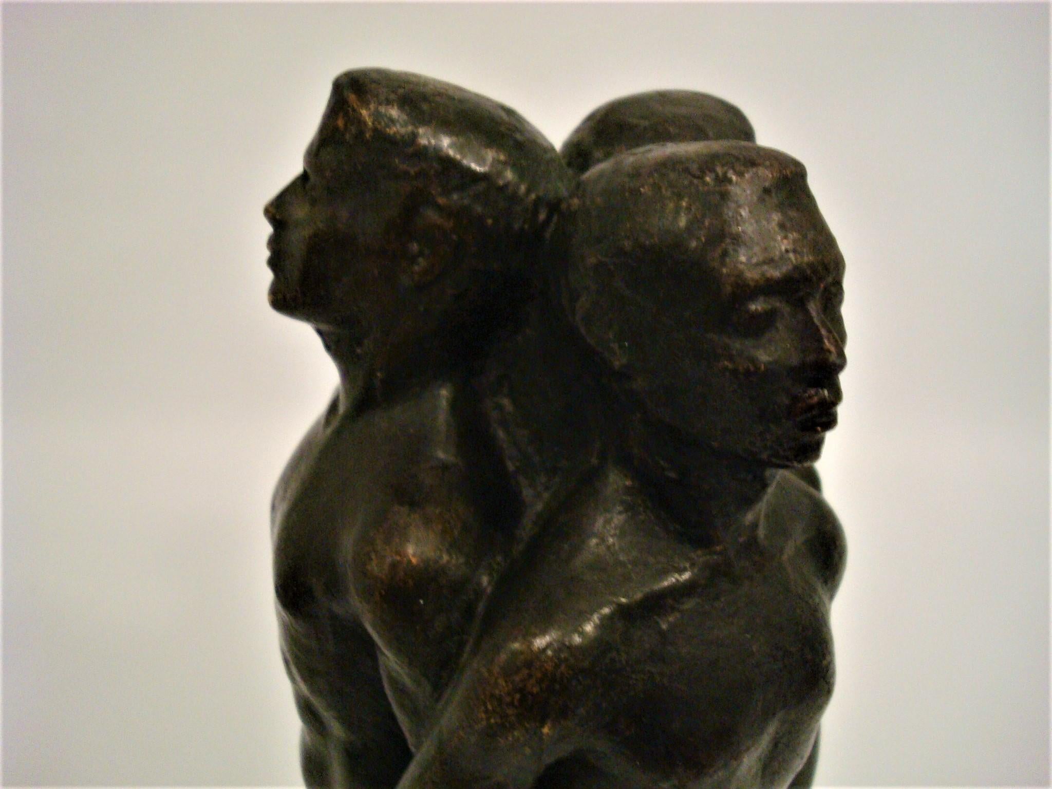 Art Deco Three Naked Men Holding Hands Bronze and Marble Base Sculpture 1930's For Sale 2