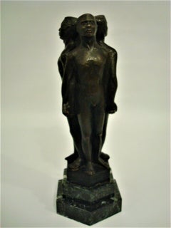 Art Deco Three Naked Men Holding Hands Bronze and Marble Base Sculpture 1930's