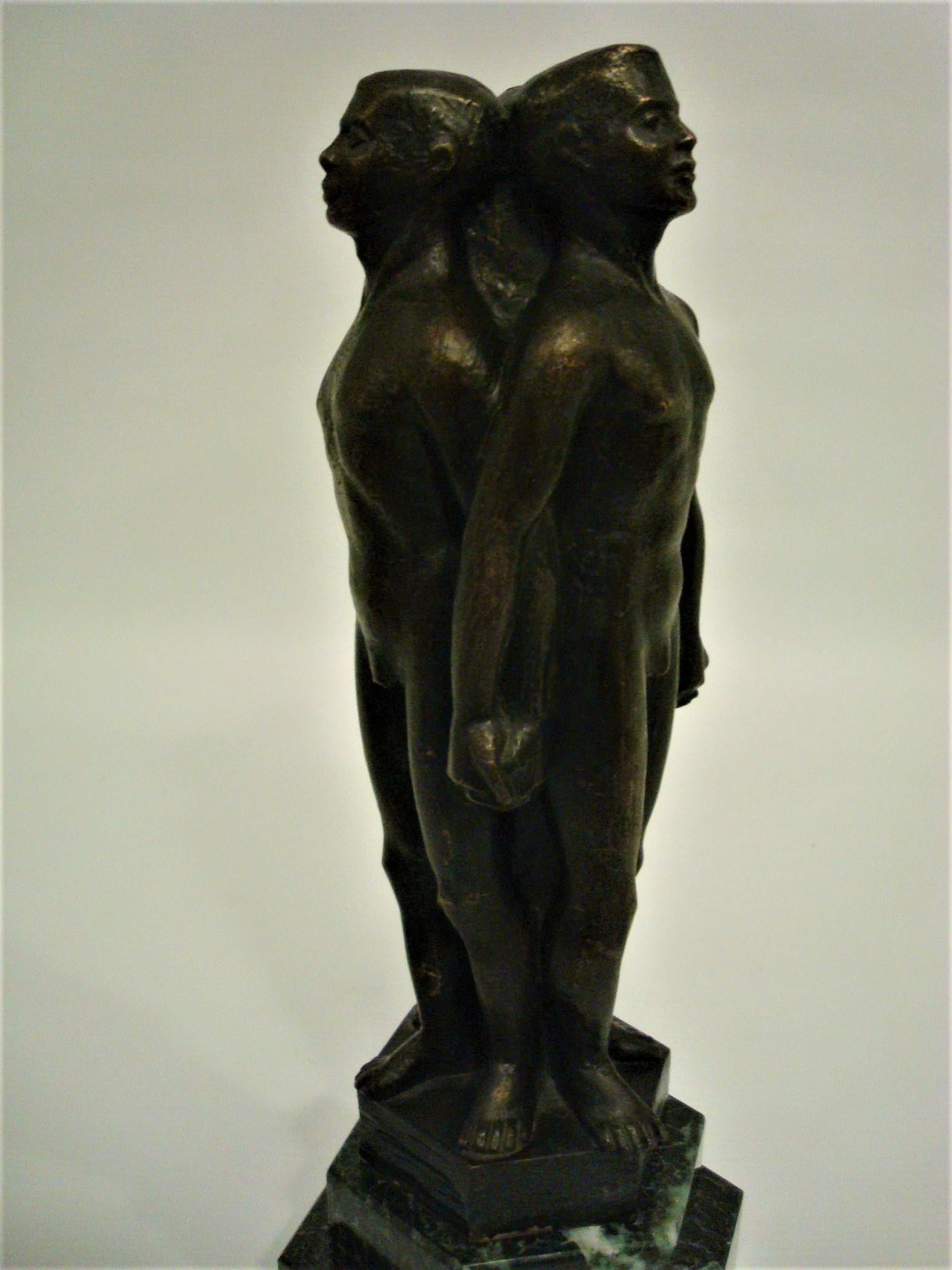 French Art Deco Three Naked Men Holding Hands Bronze and Marble Base Sculpture 1930's For Sale