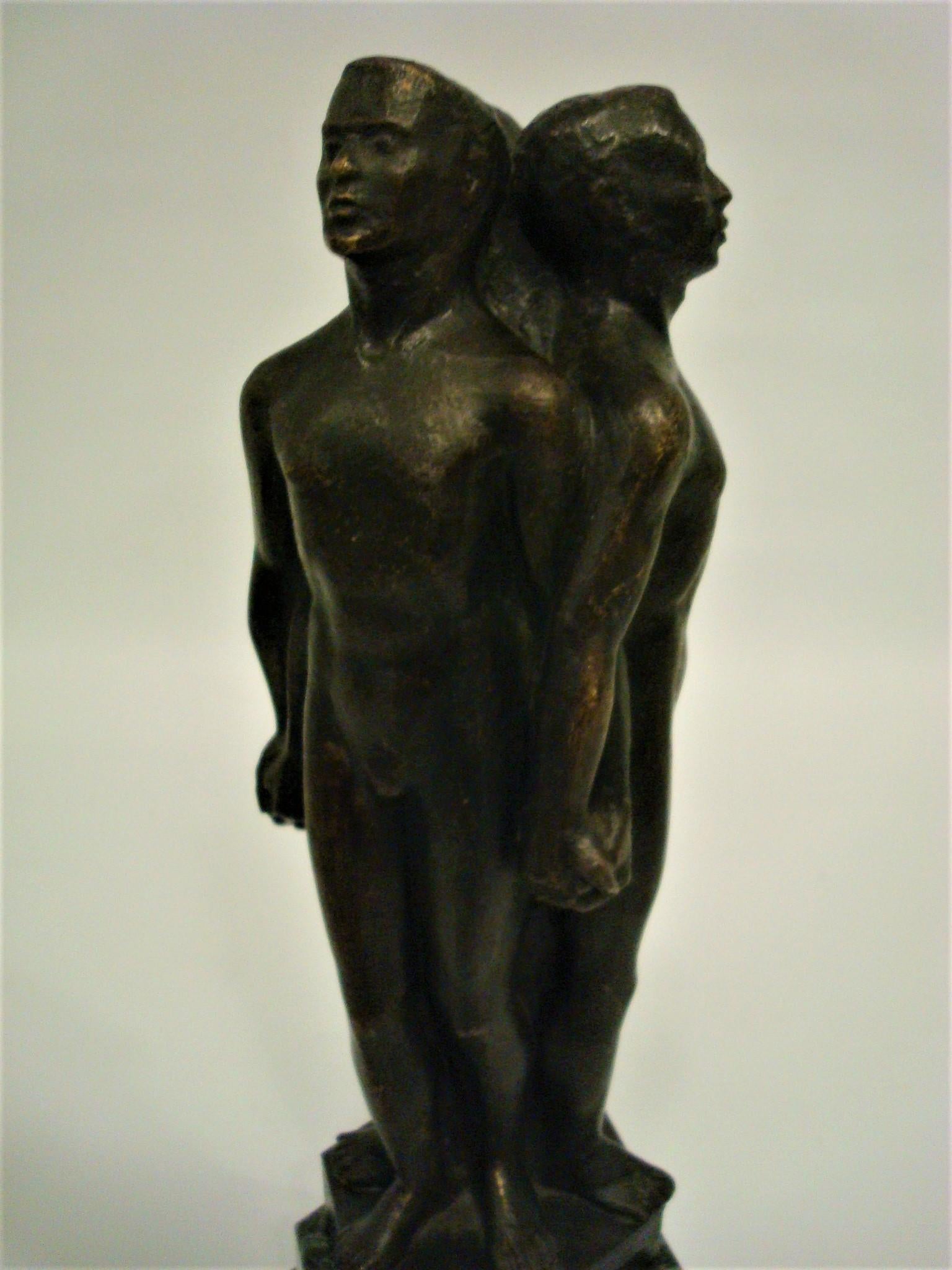 20th Century Art Deco Three Naked Men Holding Hands Bronze and Marble Base Sculpture 1930's For Sale