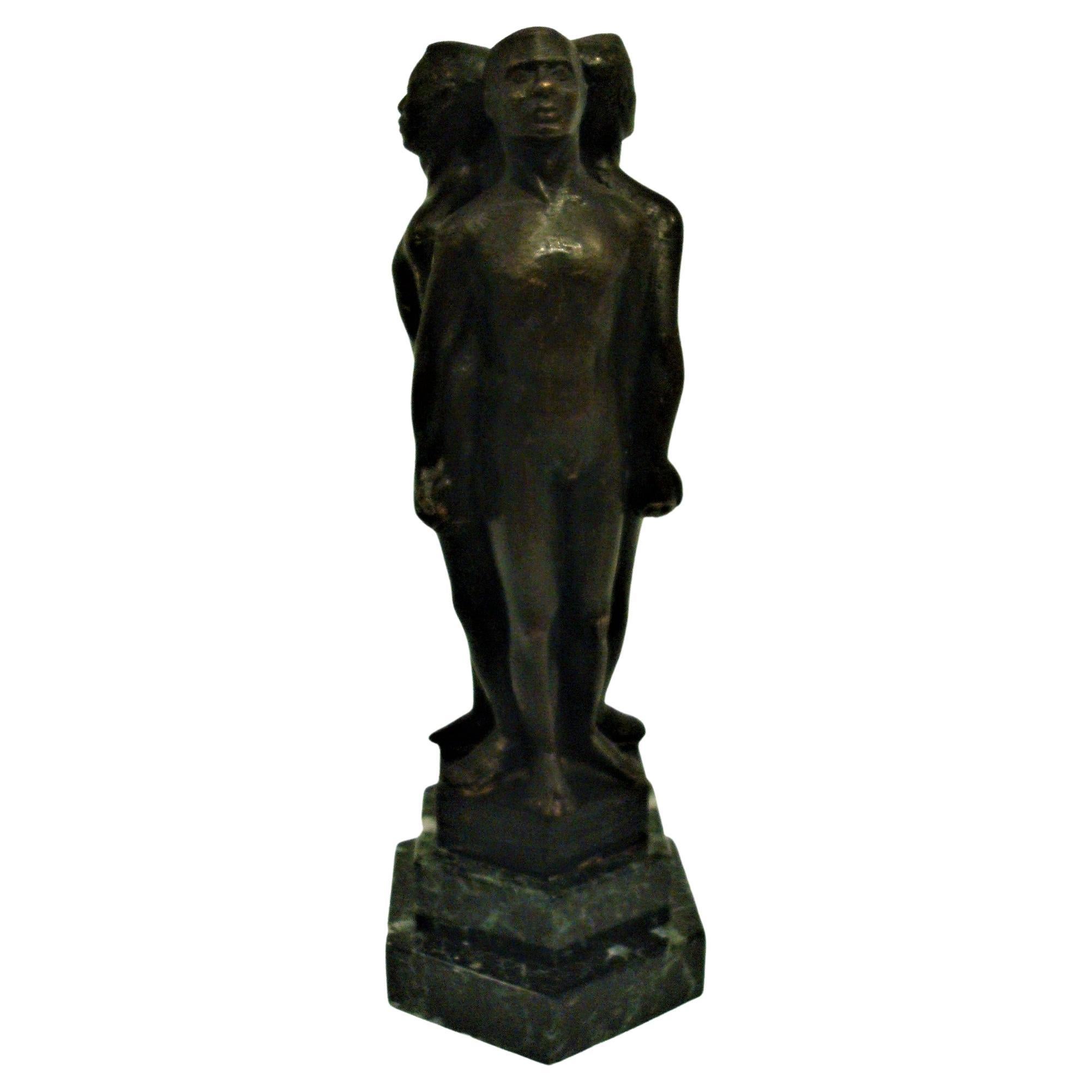 Art Deco Three Naked Men Holding Hands Bronze and Marble Base Sculpture 1930's For Sale