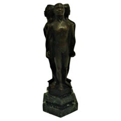 Art Deco Three Naked Men Holding Hands Bronze and Marble Base Sculpture 1930's