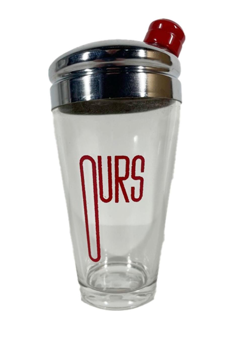 Vintage three piece cocktail shaker set in clear glass with red enamel Art Deco font lettering. The shaker, large enough for two cocktails with the word 'Ours' and the 2 cocktail glasses each with the word 'Me' or 'You'.