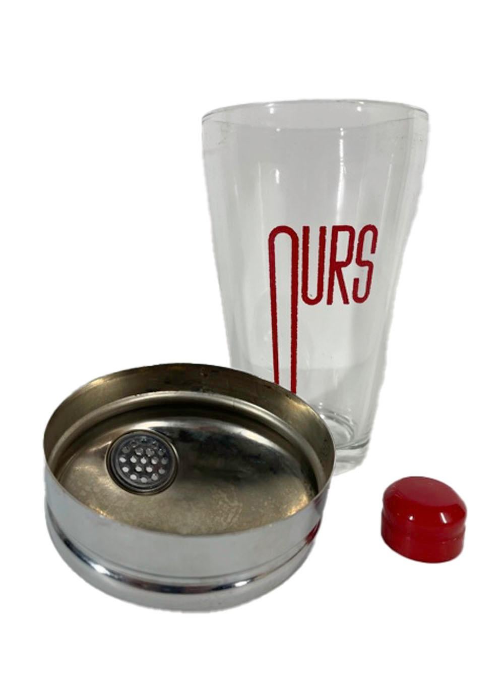 American Art Deco Three Piece 'Cocktails for Two' Shaker Set with Red Stylized Typeface