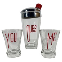 Art Deco Three Piece 'Cocktails for Two' Shaker Set with Red Stylized Typeface