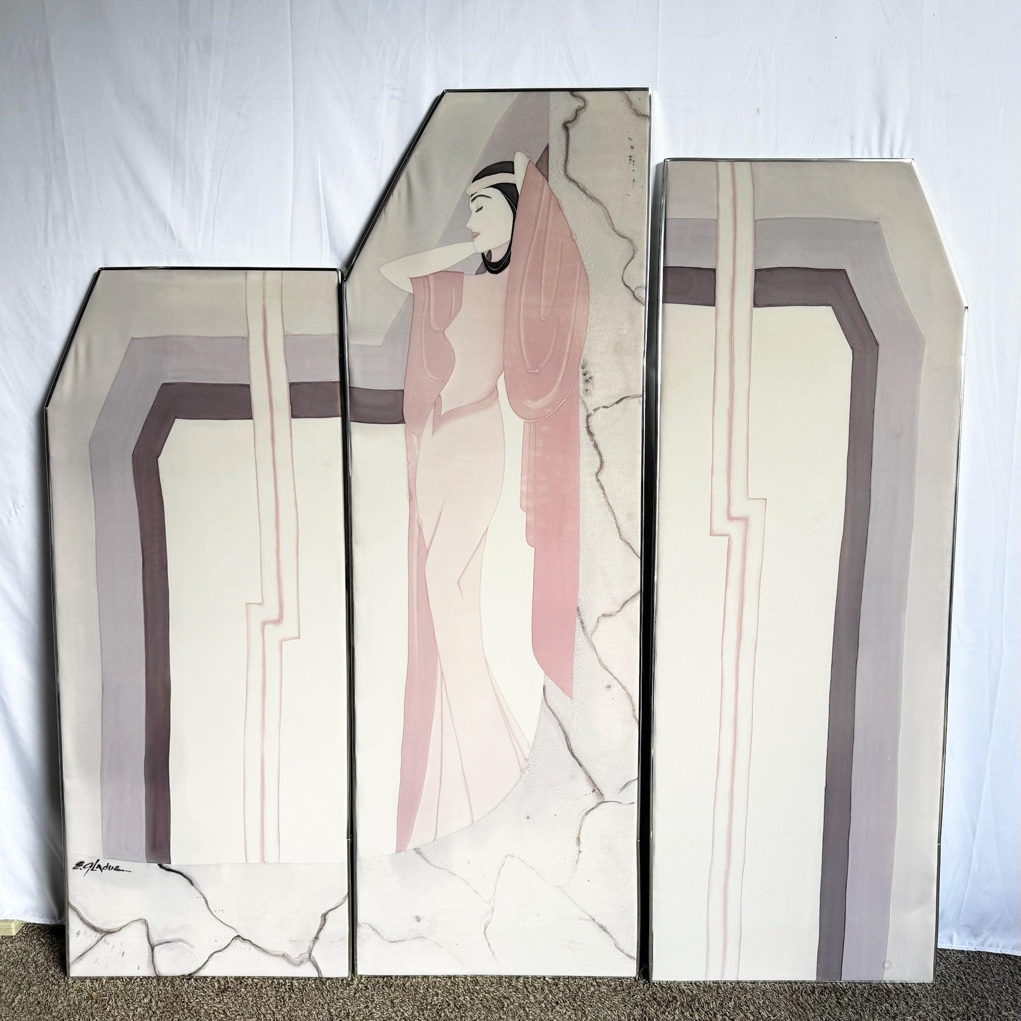 Art Deco Drei Stück Gemälde von Lady in Pink auf Stoff im Angebot 2