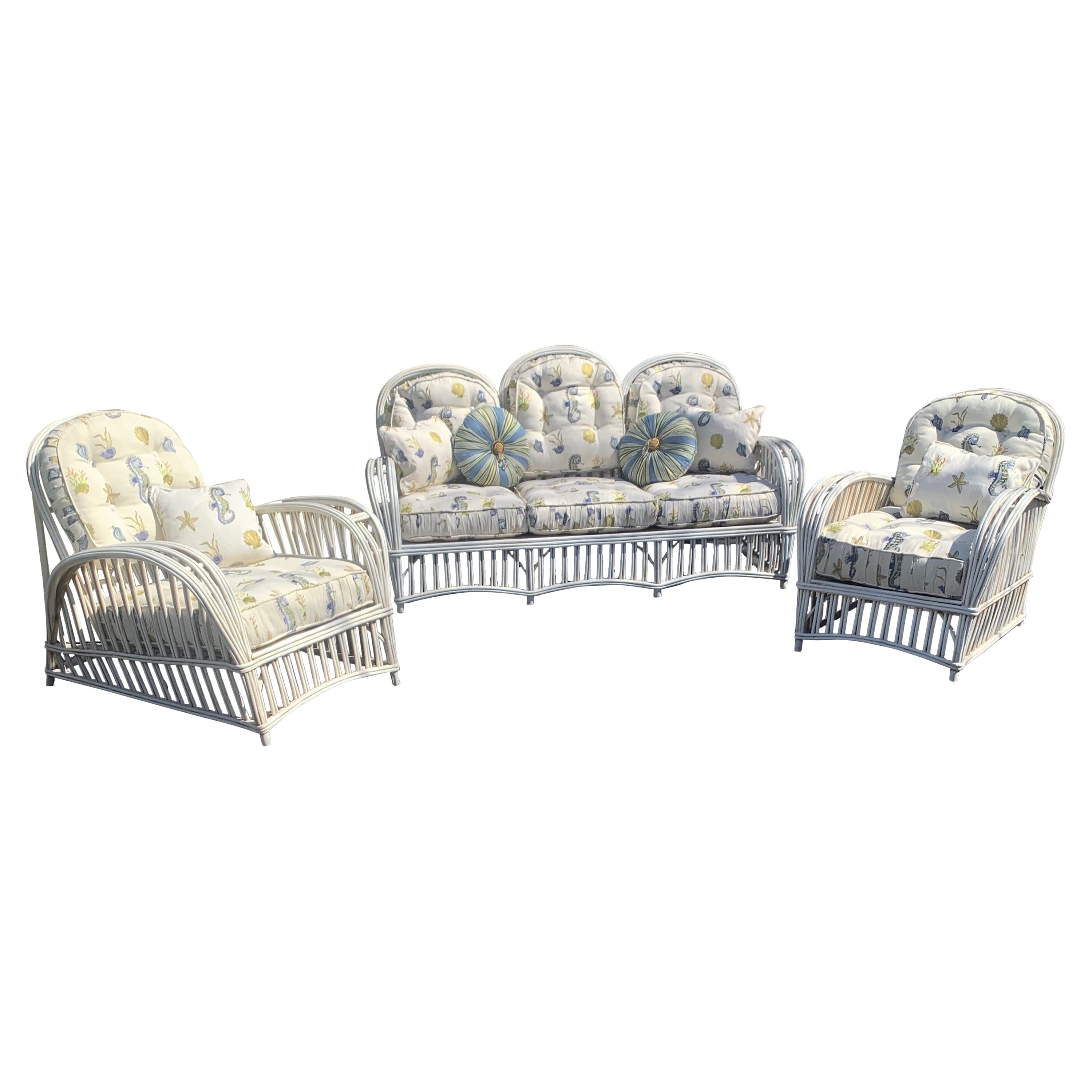 Art Déco Suite Art Deco in tre pezzi in rattan di The Heywood Wakefield Rattan Company in vendita