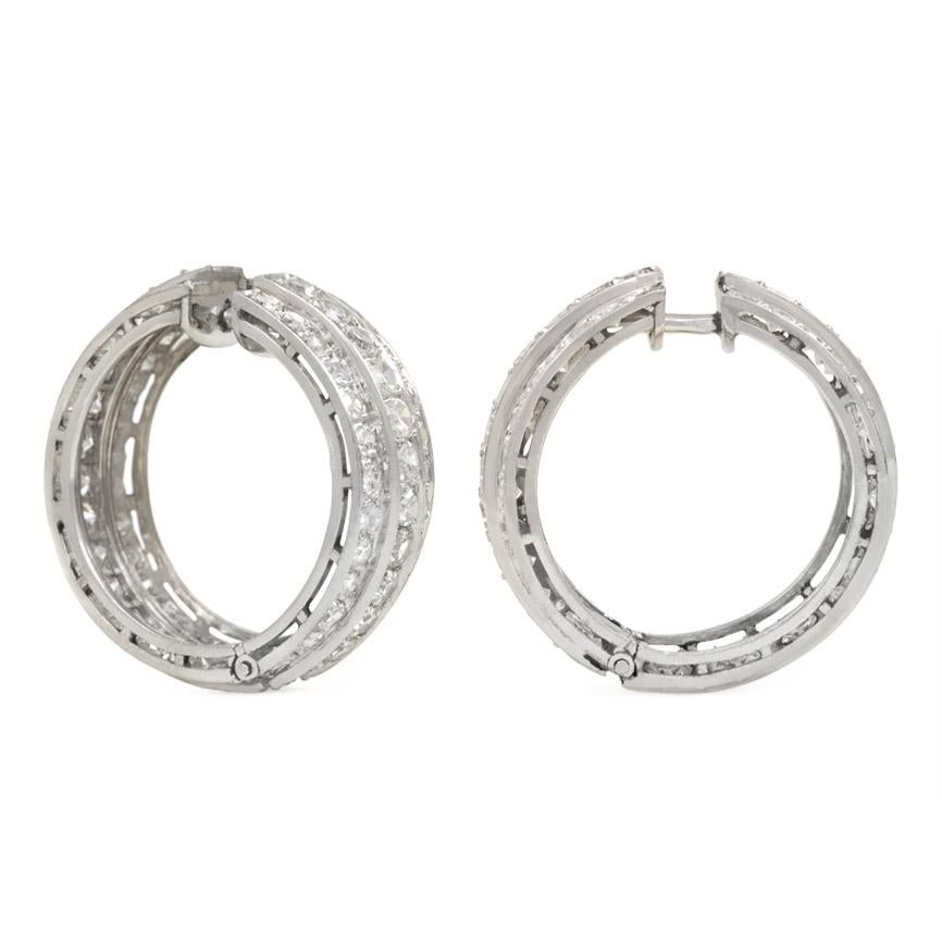 A pair of Art Deco diamond hoop earrings, set with three rows of single cut diamonds, in platinum. Portugal.  Atw 3.36 cts.
A great choice for the wedding day, timeless in style