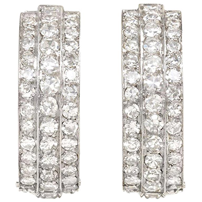 Art Deco Three-Row Diamond Hoop Earrings in Platinum
