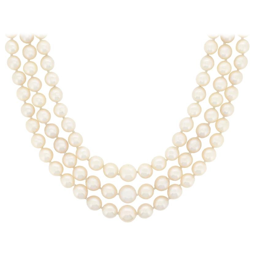 Art Deco Three-Row Pearl Necklace with Diamond Clasp, circa 1920s