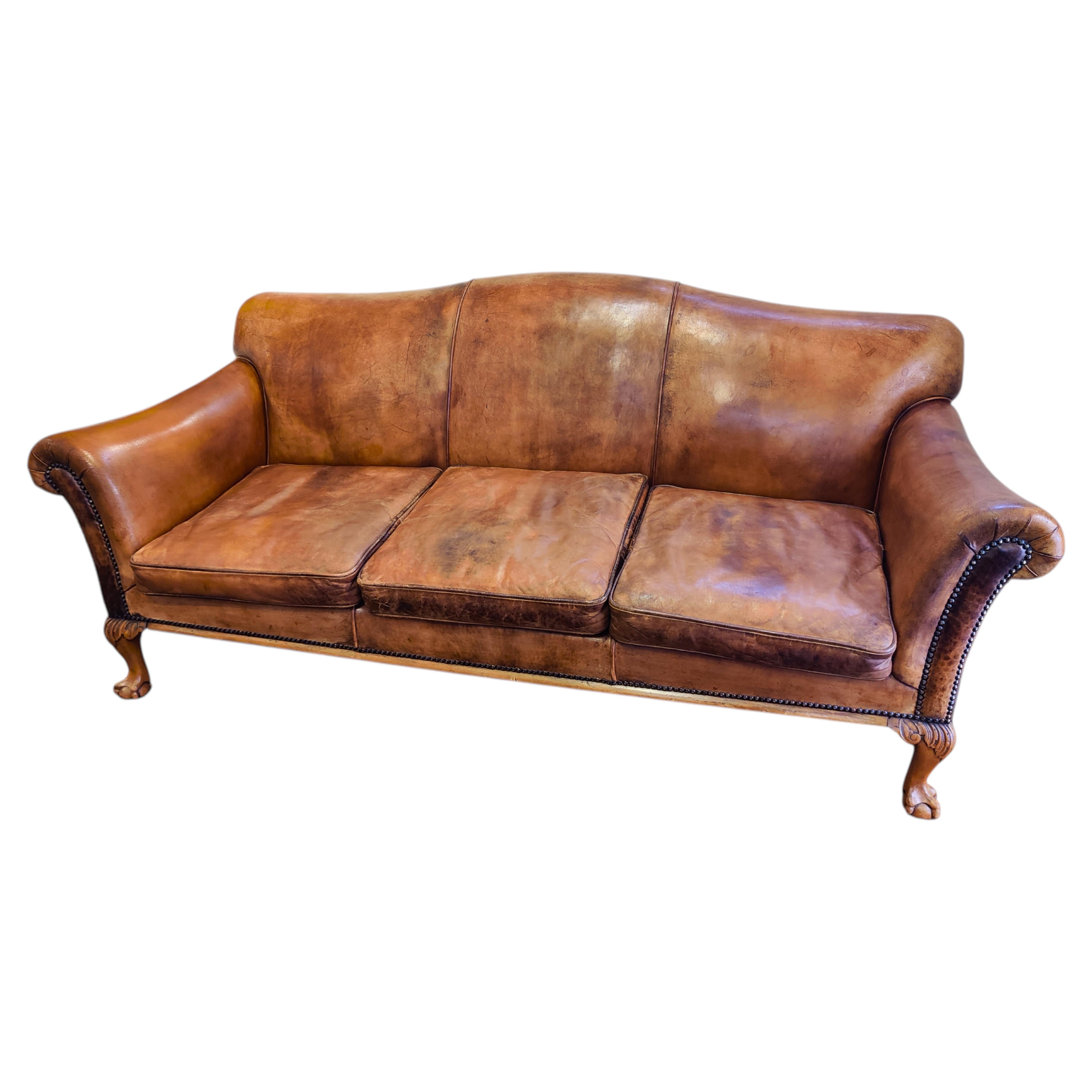 Art Deco Three-Seat Sofa in Sheep Leather with Patina, 1930s