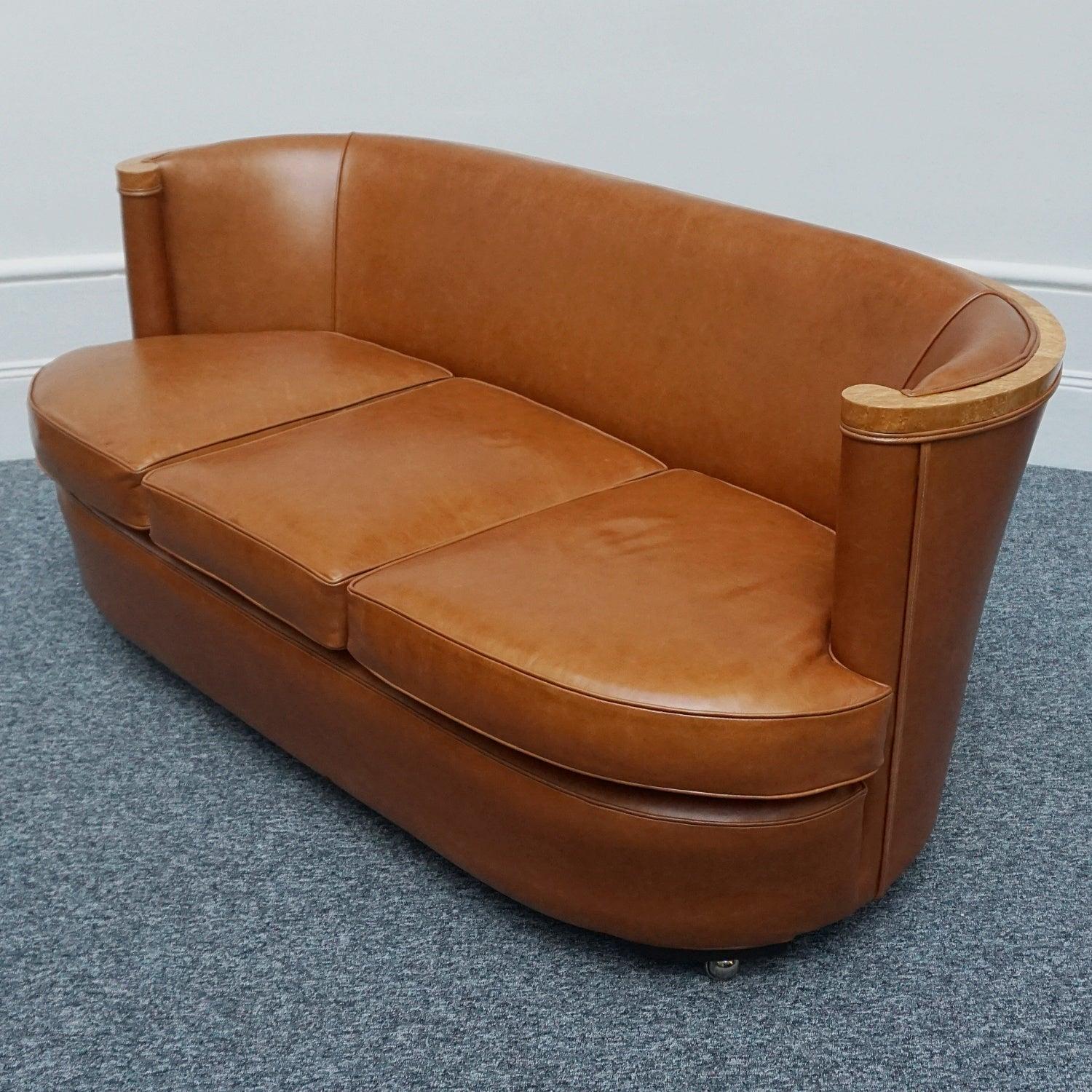 Art Deco Three Seater Club Sofa in Brown Leather Upholstery Circa 1930 5