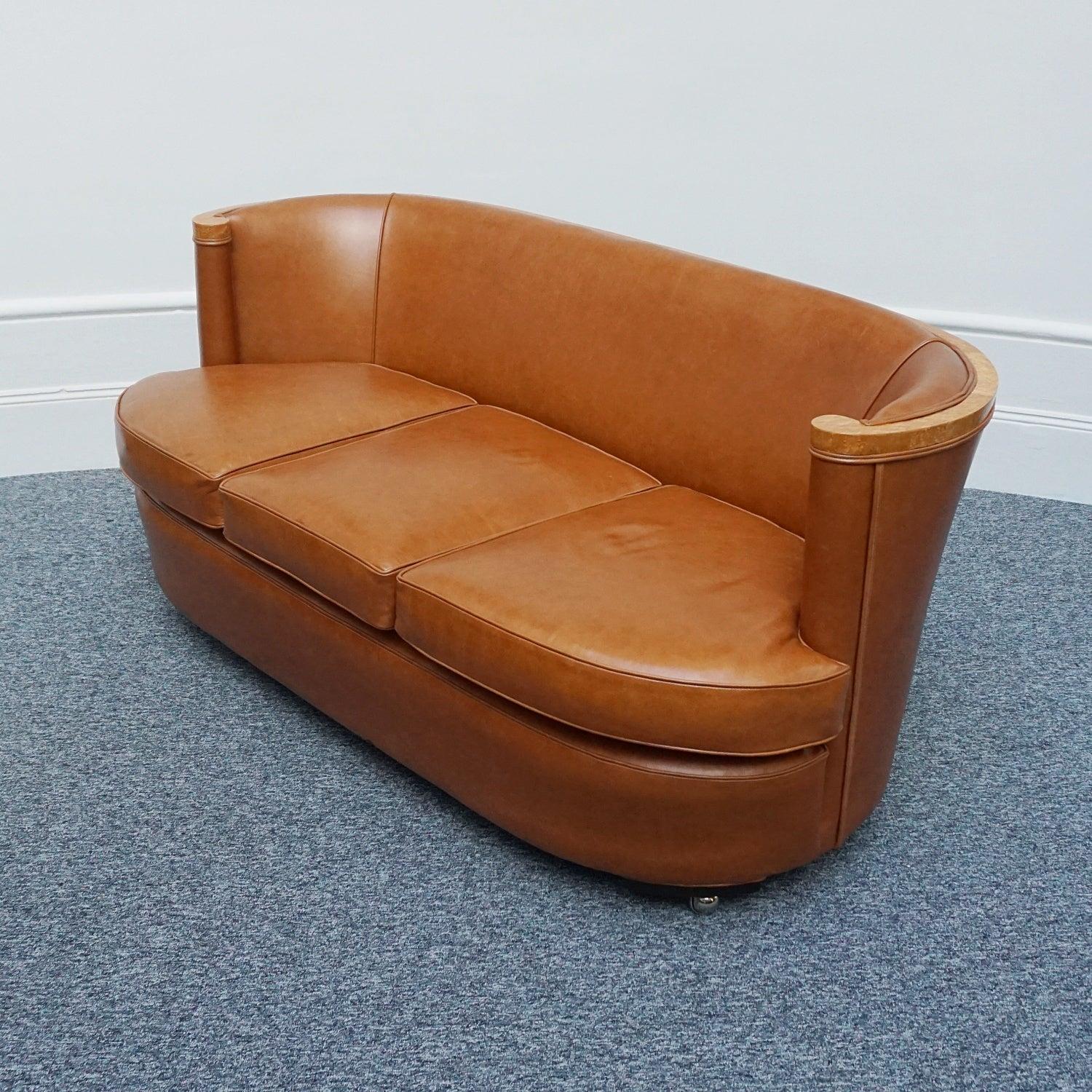 Art Deco Three Seater Club Sofa in Brown Leather Upholstery Circa 1930 6