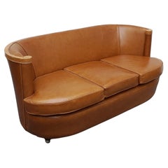 Art Deco Three Seater Club Sofa in Brown Leather Upholstery Circa 1930