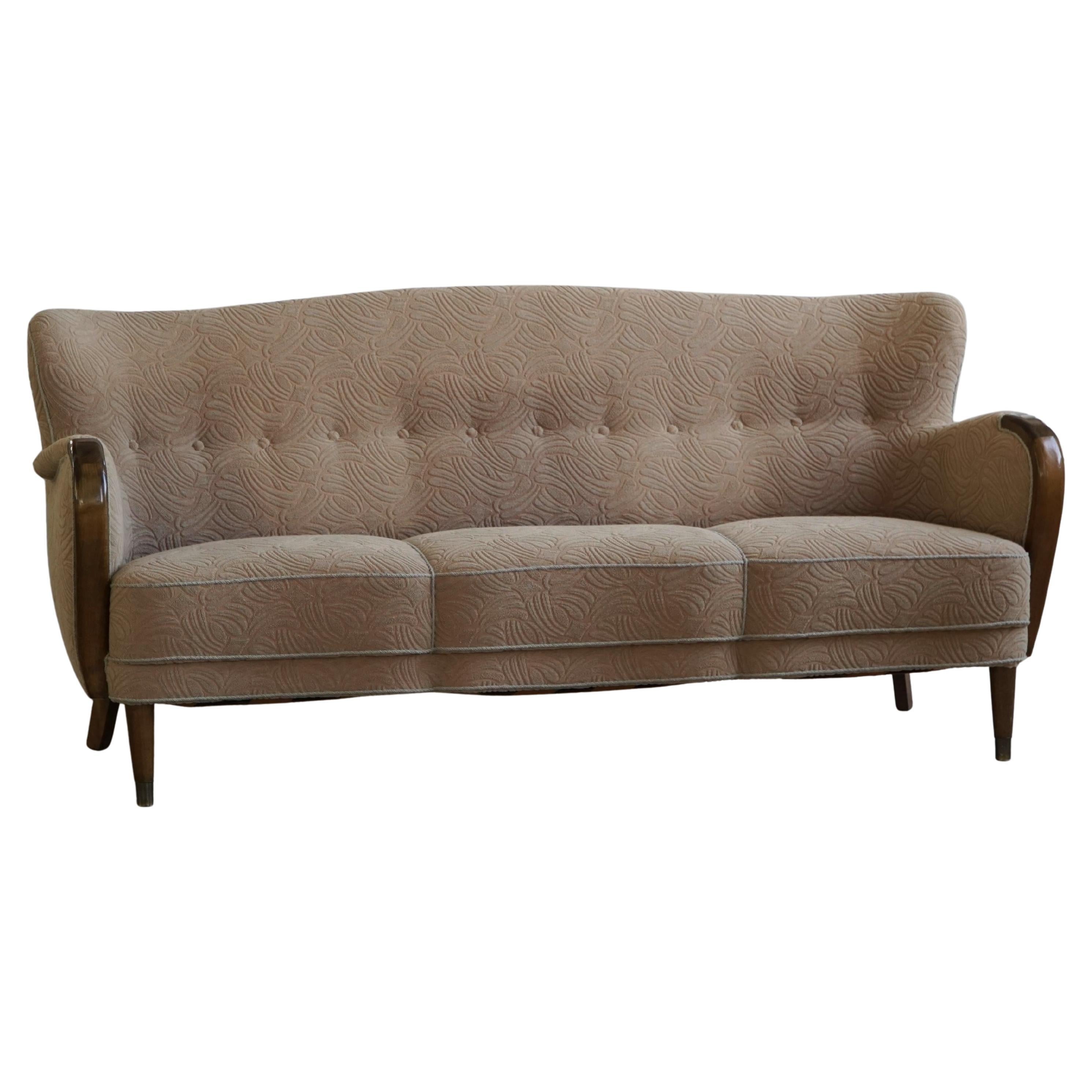 Art Deco Three Seater Sofa, Beech & A Vibrant Fabric, Danish Cabinetmaker, 1940s