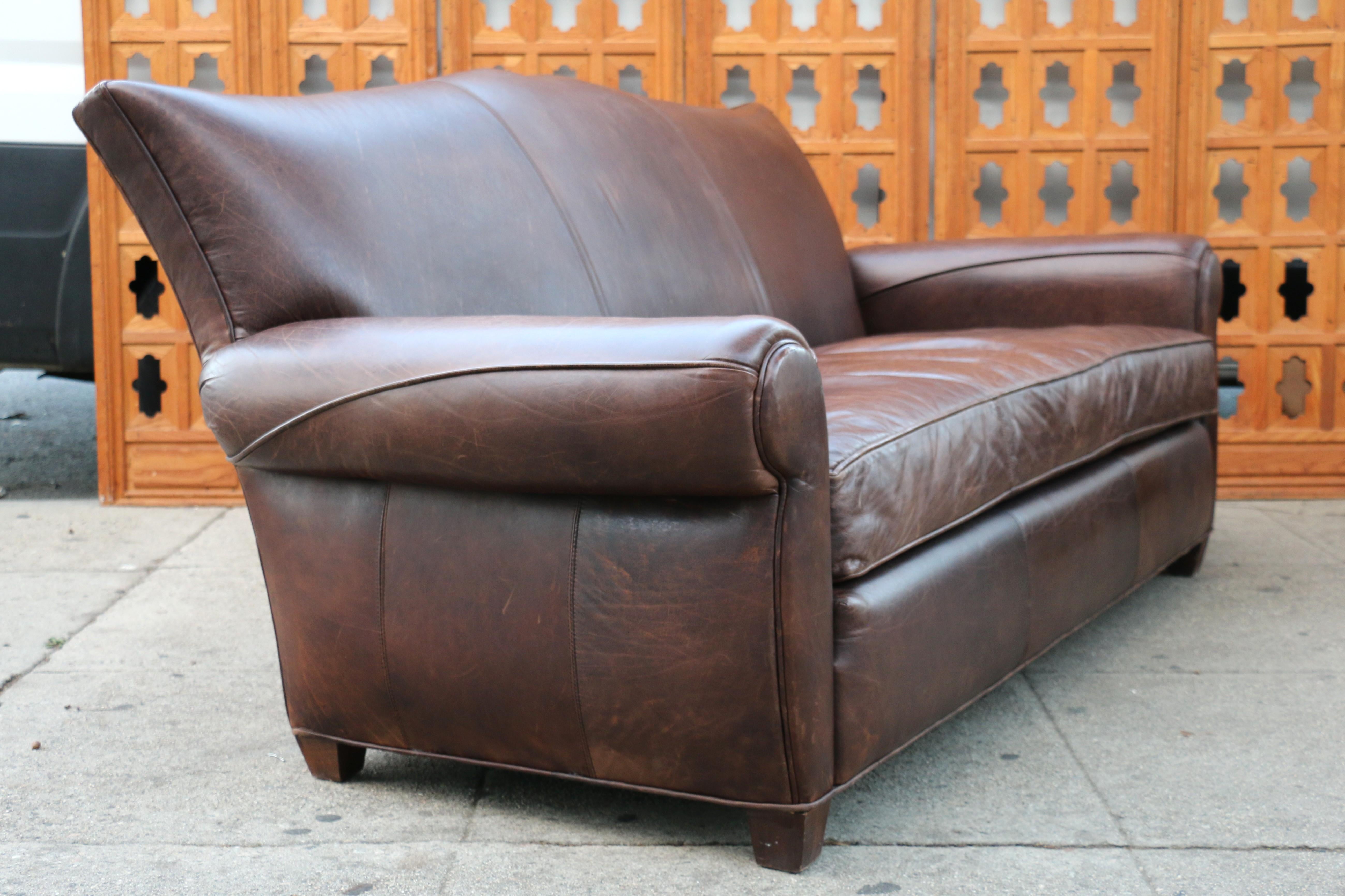 Art Deco Three Seats Leather Sofa With Mustache Backg For Sale 9