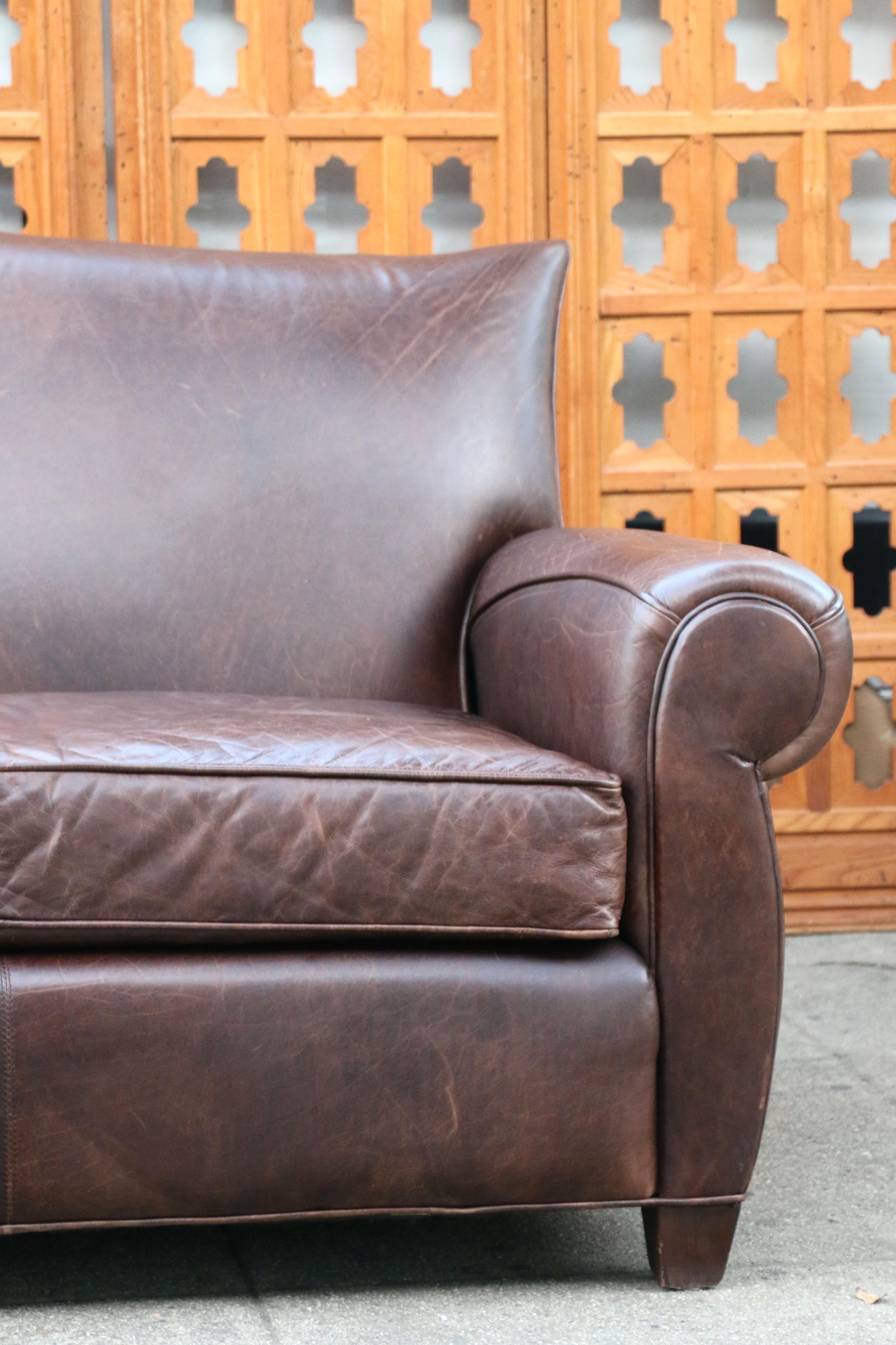 American Art Deco Three Seats Leather Sofa With Mustache Backg For Sale