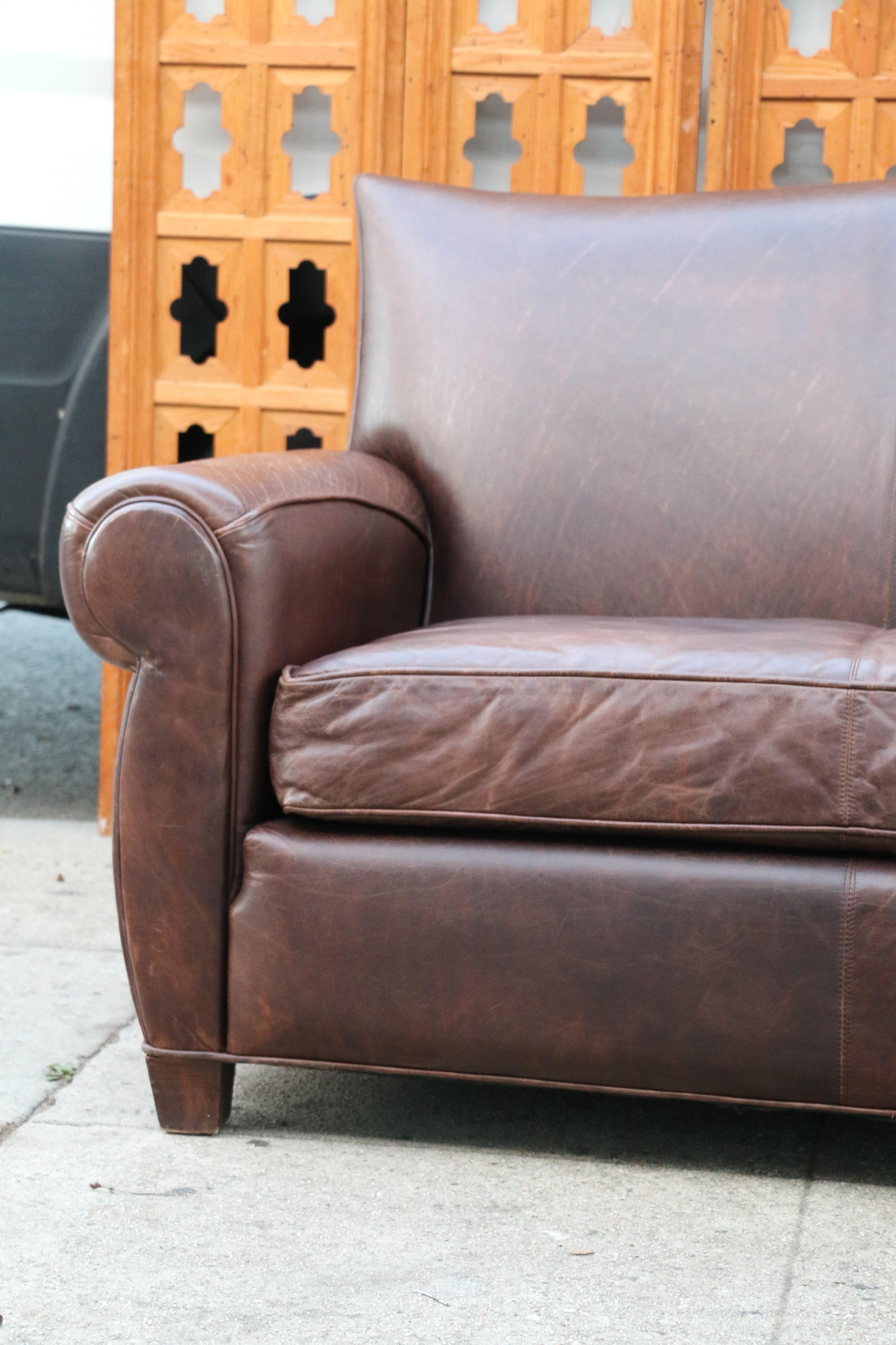 Art Deco Three Seats Leather Sofa With Mustache Backg In Good Condition For Sale In North Hollywood, CA