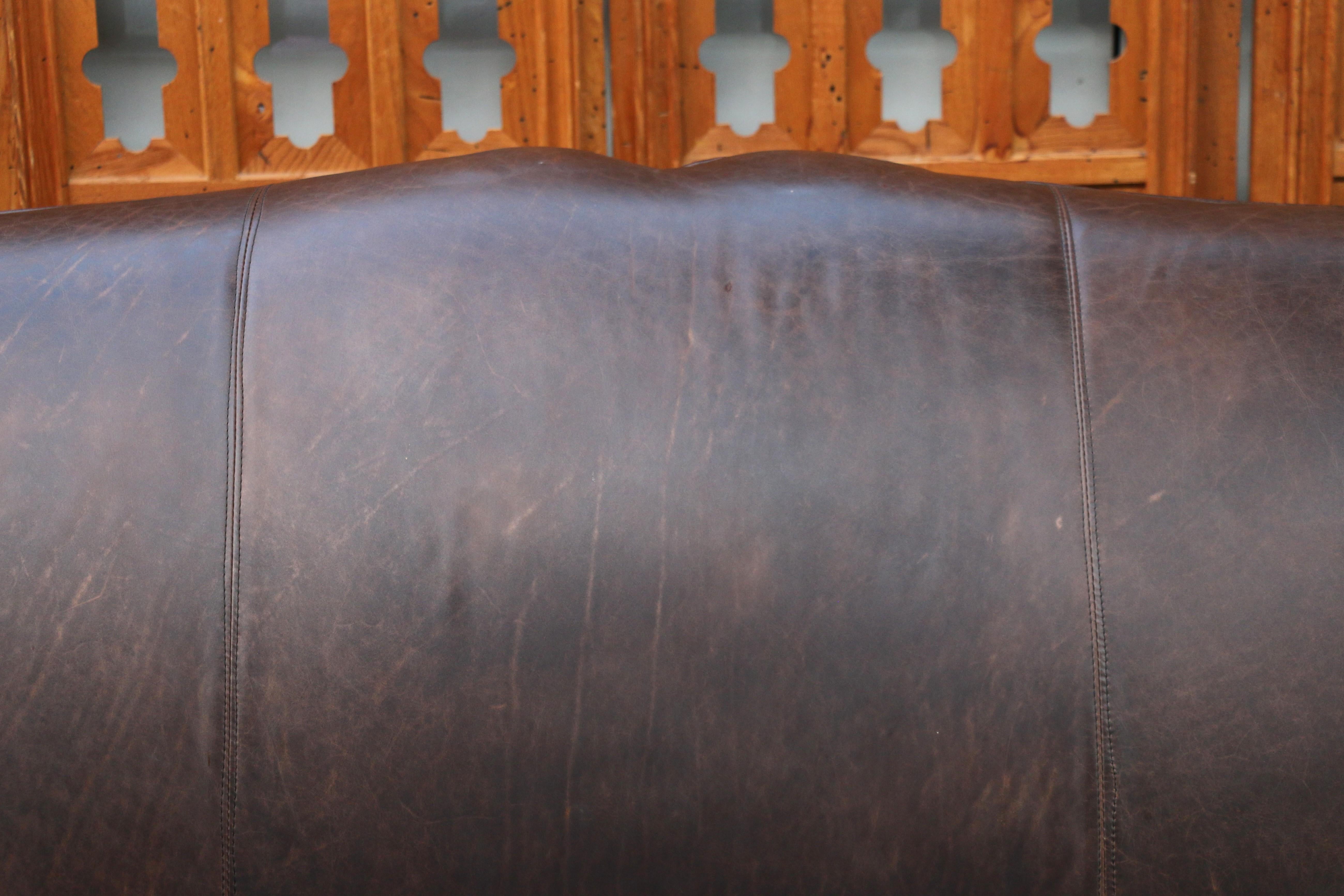 Late 20th Century Art Deco Three Seats Leather Sofa With Mustache Backg For Sale
