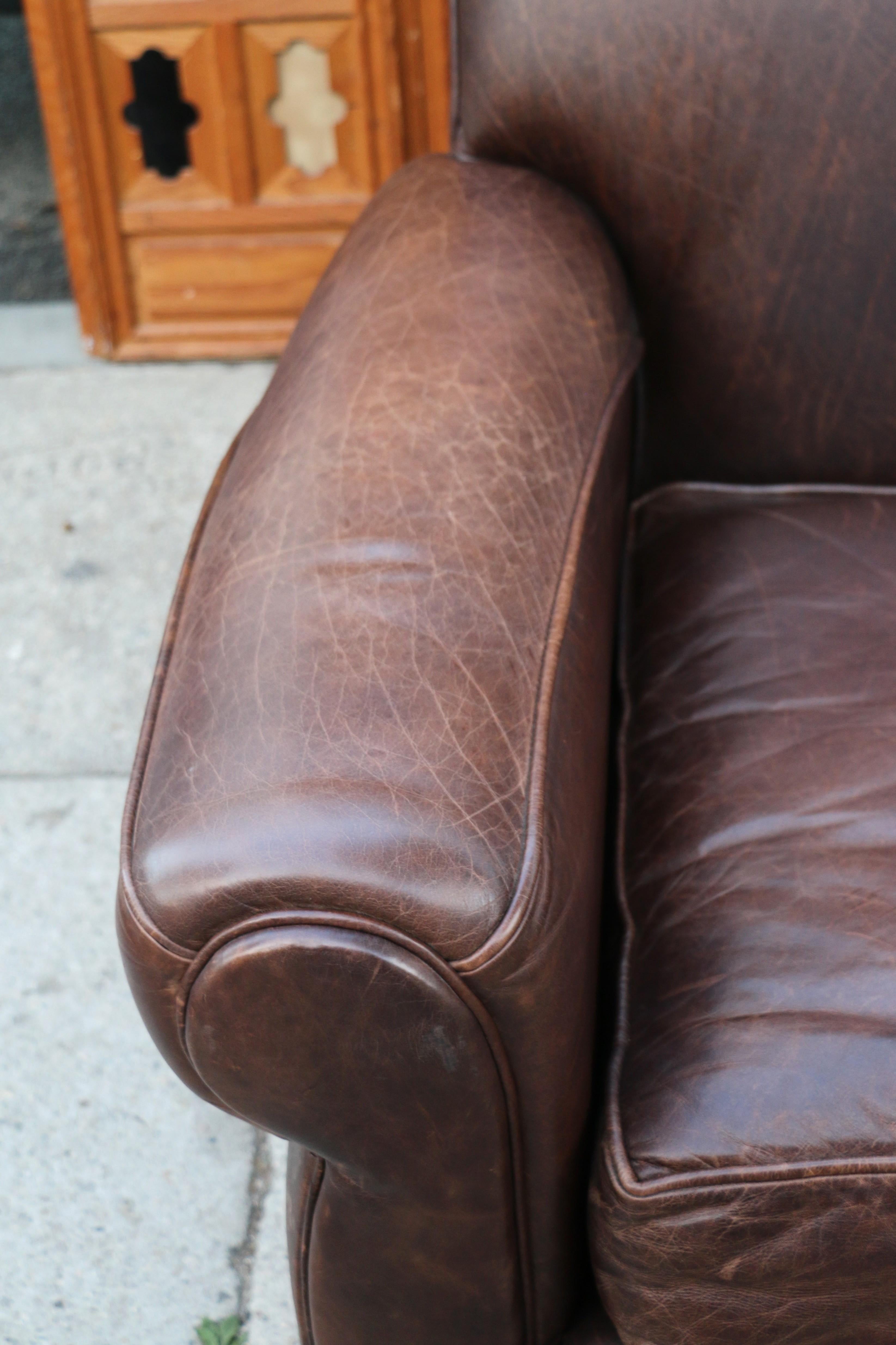 Art Deco Three Seats Leather Sofa With Mustache Backg For Sale 2