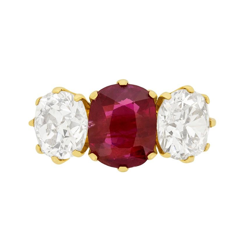 Art Deco Three-Stone 2.03 Carat Ruby and Diamond Ring, circa 1930s